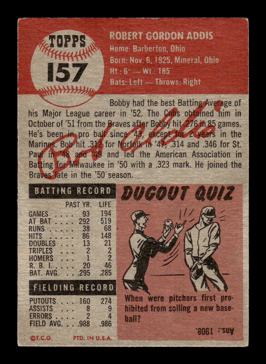1953 Topps #157a Bob Addis Chicago Cubs VG CS26014449