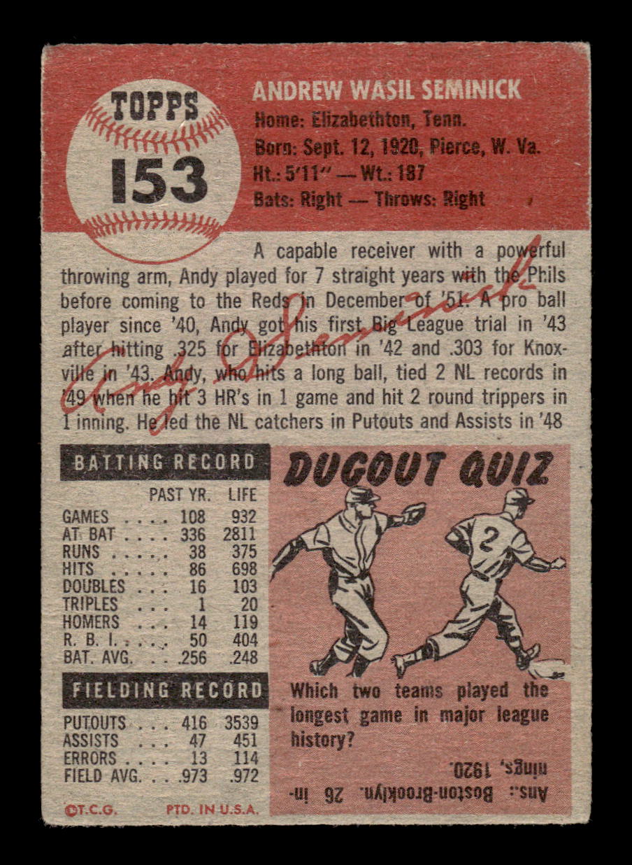 1953 Topps #153b Andy Seminick Cincinnati Reds VG CS26014450