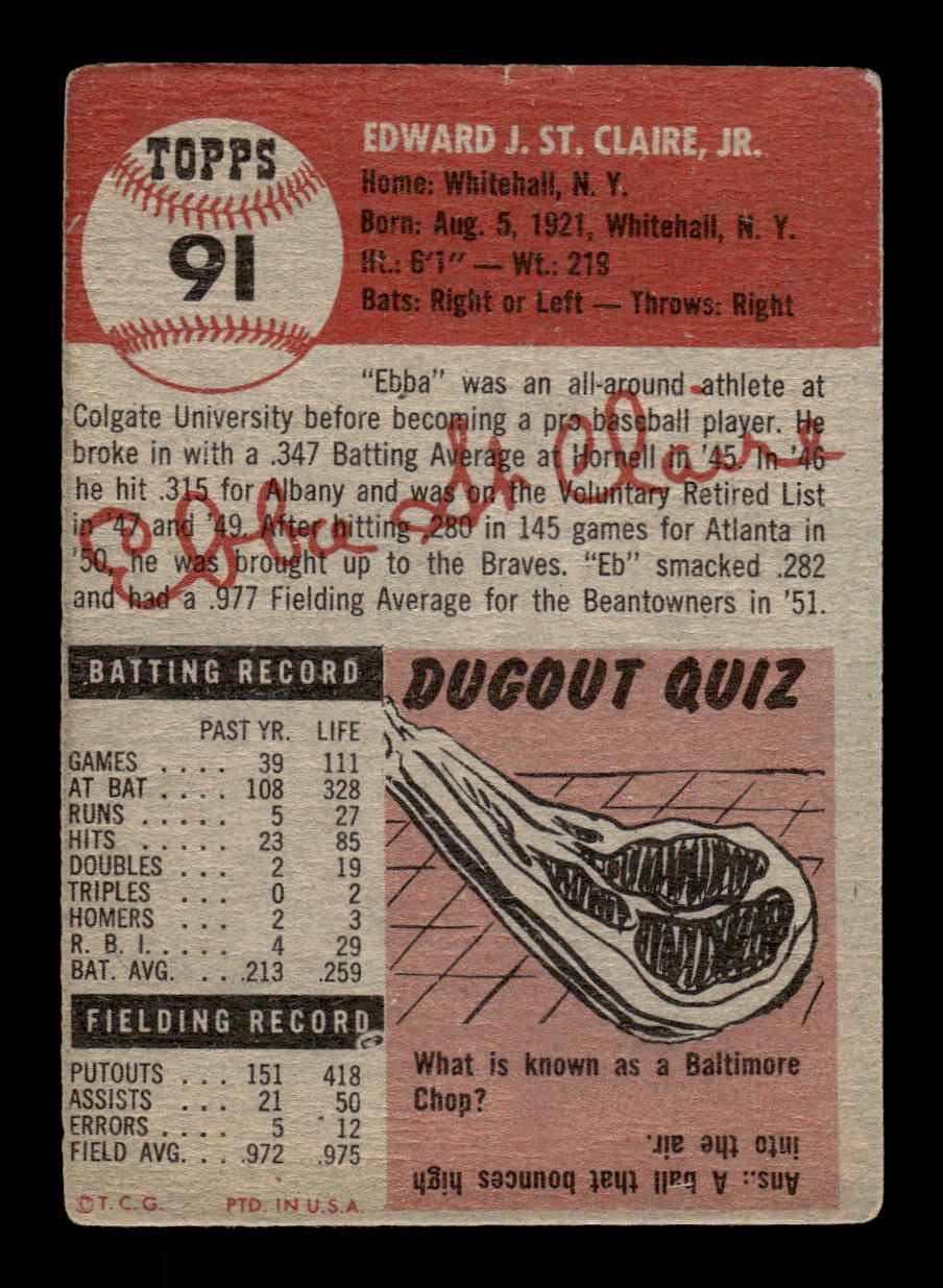 1953 Topps #91a Ebba St. Claire Boston Braves VG CS26014455