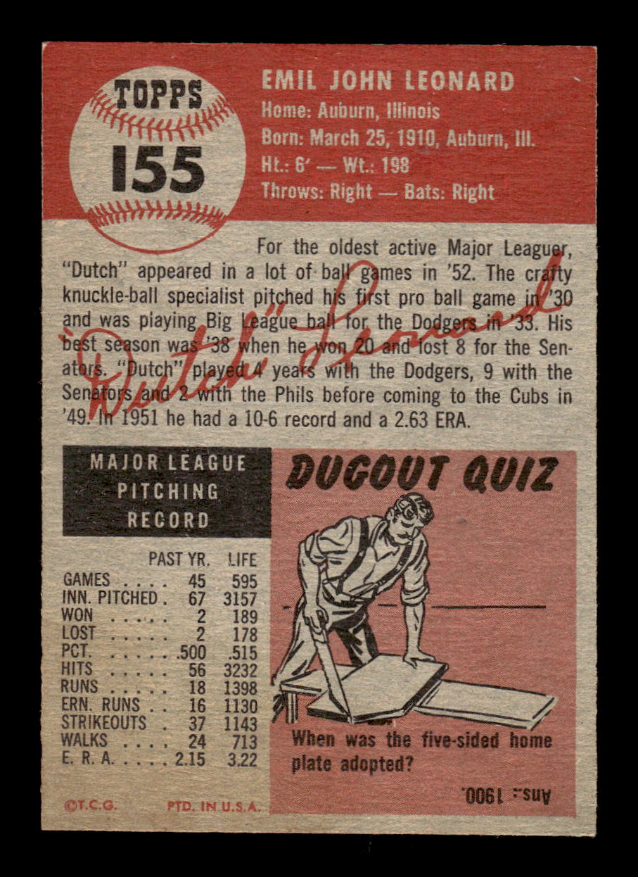 1953 Topps #155a Dutch Leonard Chicago Cubs VG CS26014460