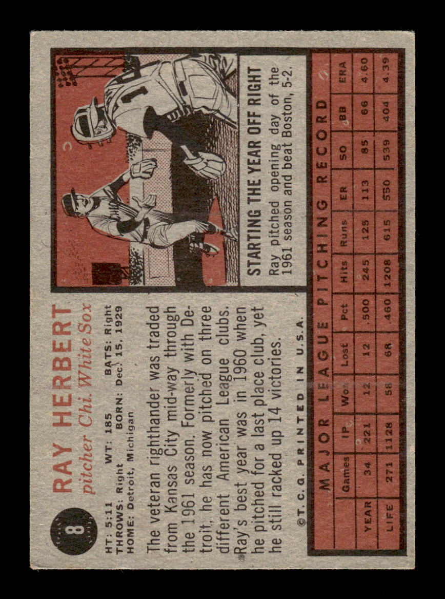 1962 Topps #8 Ray Herbert Chicago White Sox EX CS26014571