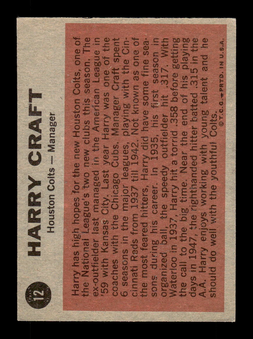 1962 Topps #12 Harry Craft Houston Colt .45s EX CS26014574