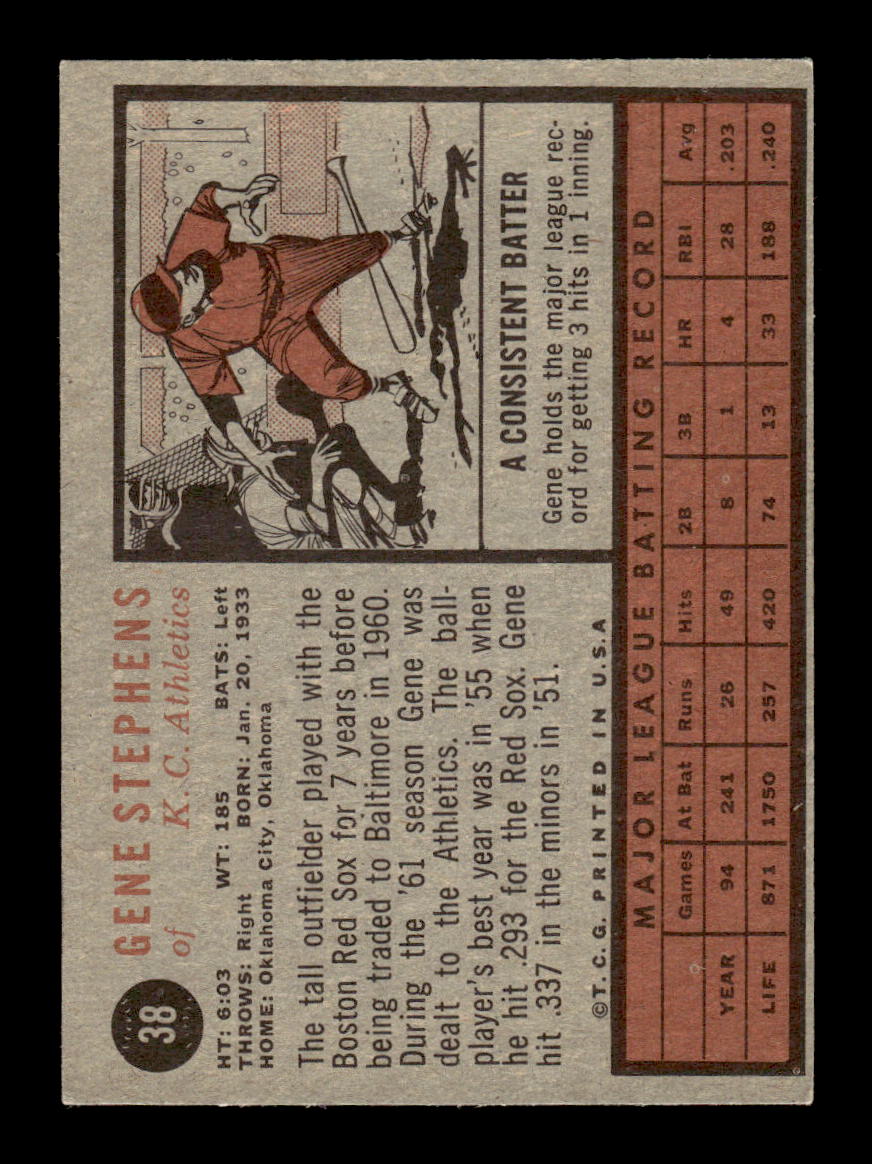 1962 Topps #38 Gene Stephens Kansas City Athletics EX CS26014591