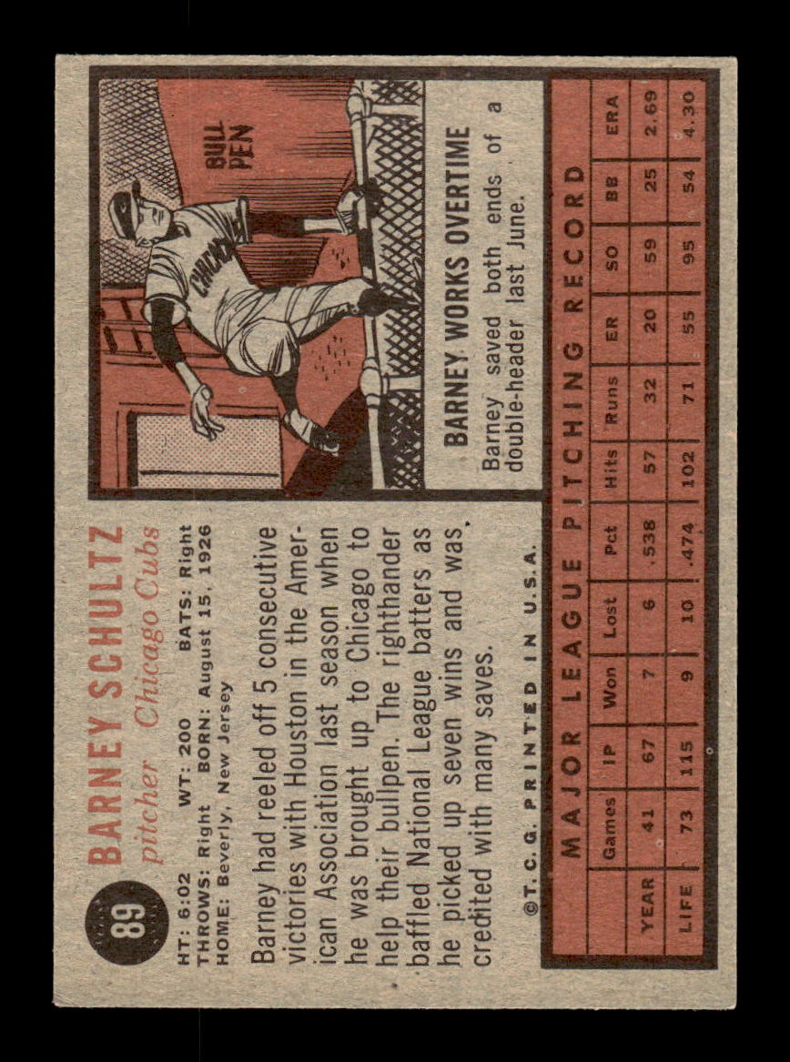1962 Topps #89 Barney Schultz Chicago Cubs EX CS26014631