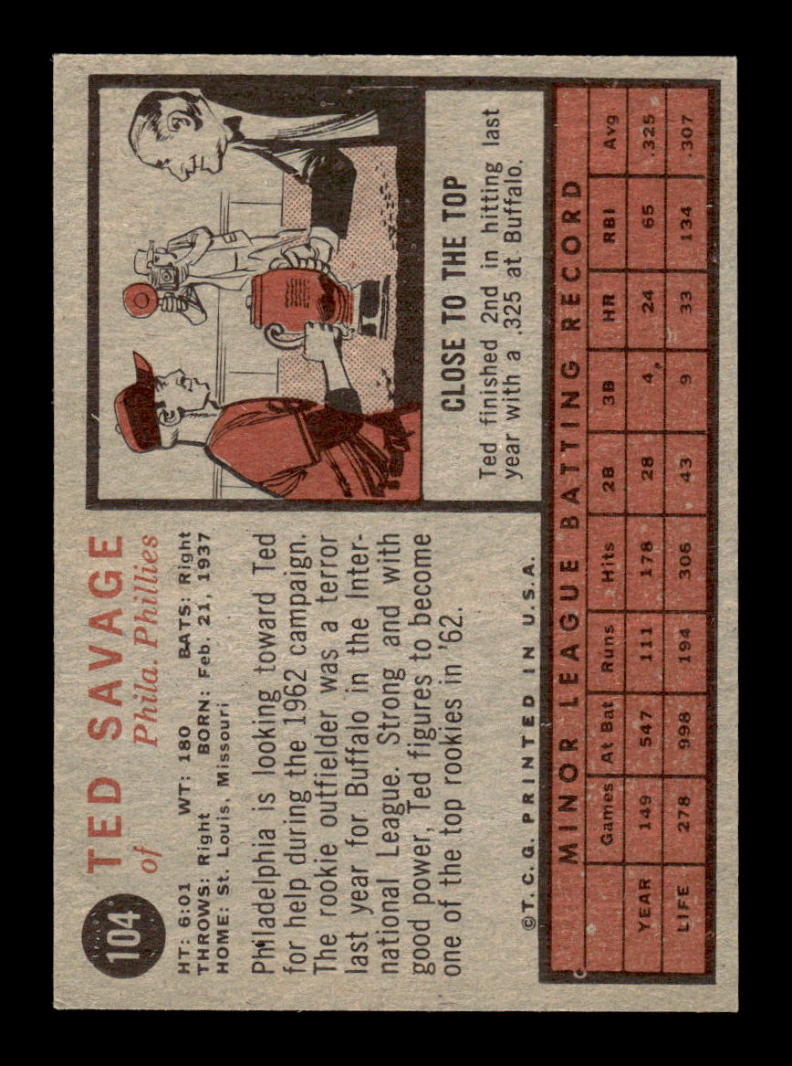 1962 Topps #104 Ted Savage Philadelphia Phillies EX CS26014644
