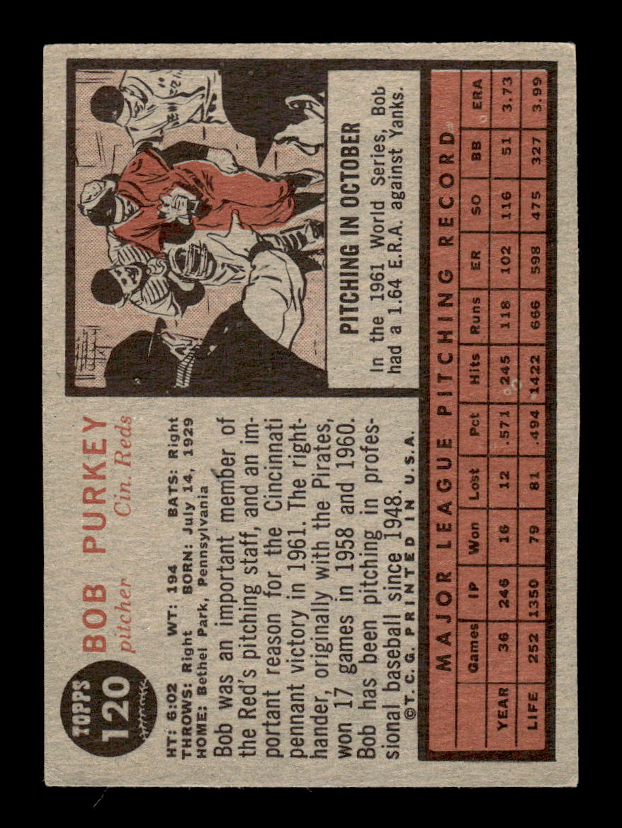 1962 Topps #120a Bob Purkey Cincinnati Reds EX CS26014656