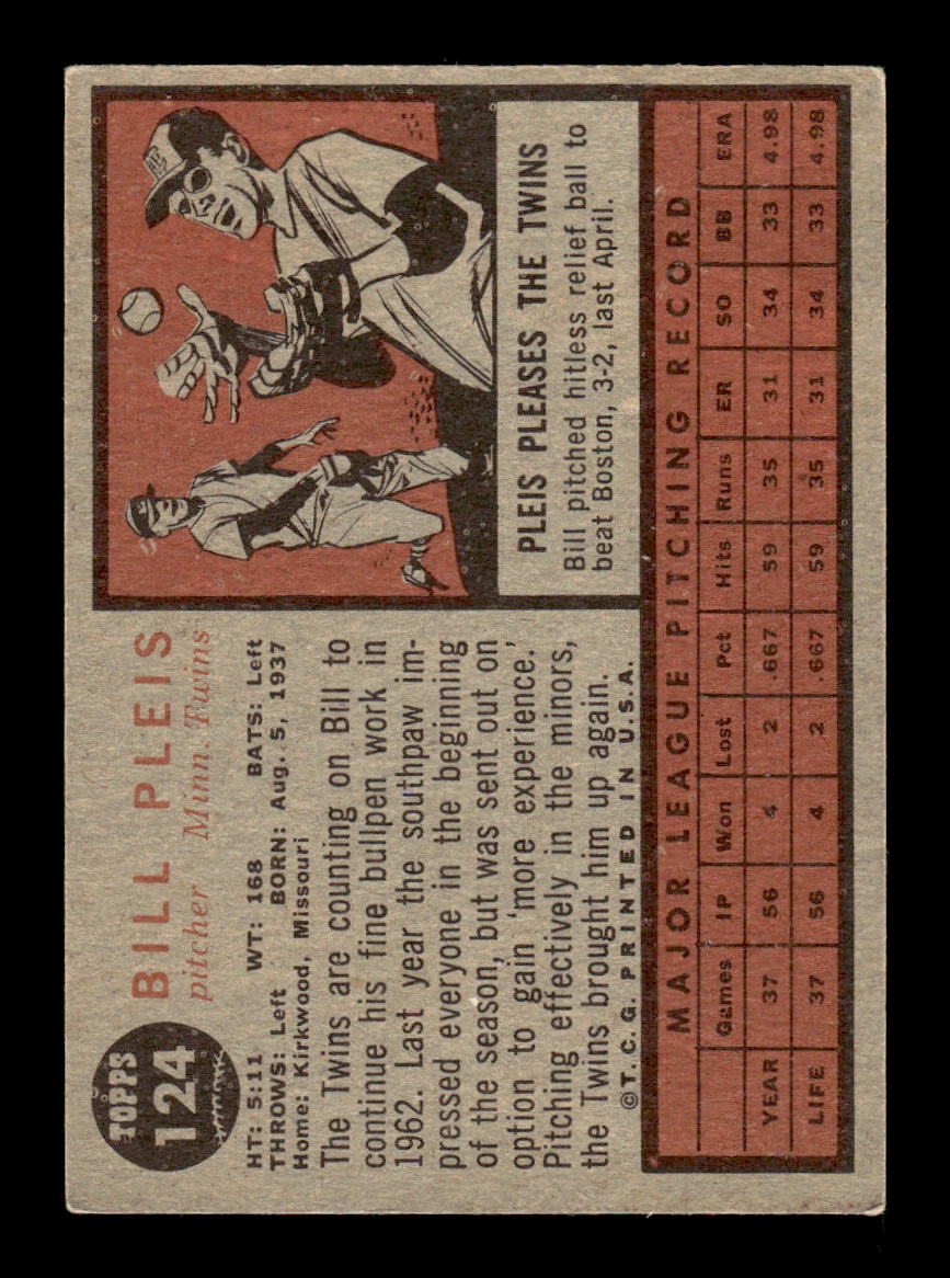 1962 Topps #124a Bill Pleis Minnesota Twins EX CS26014660