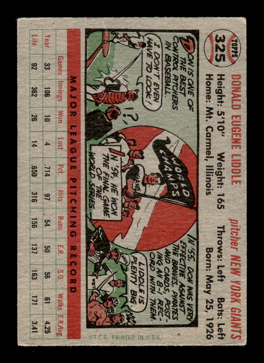 1956 Topps #325 Don Liddle New York Giants VG CS26014666