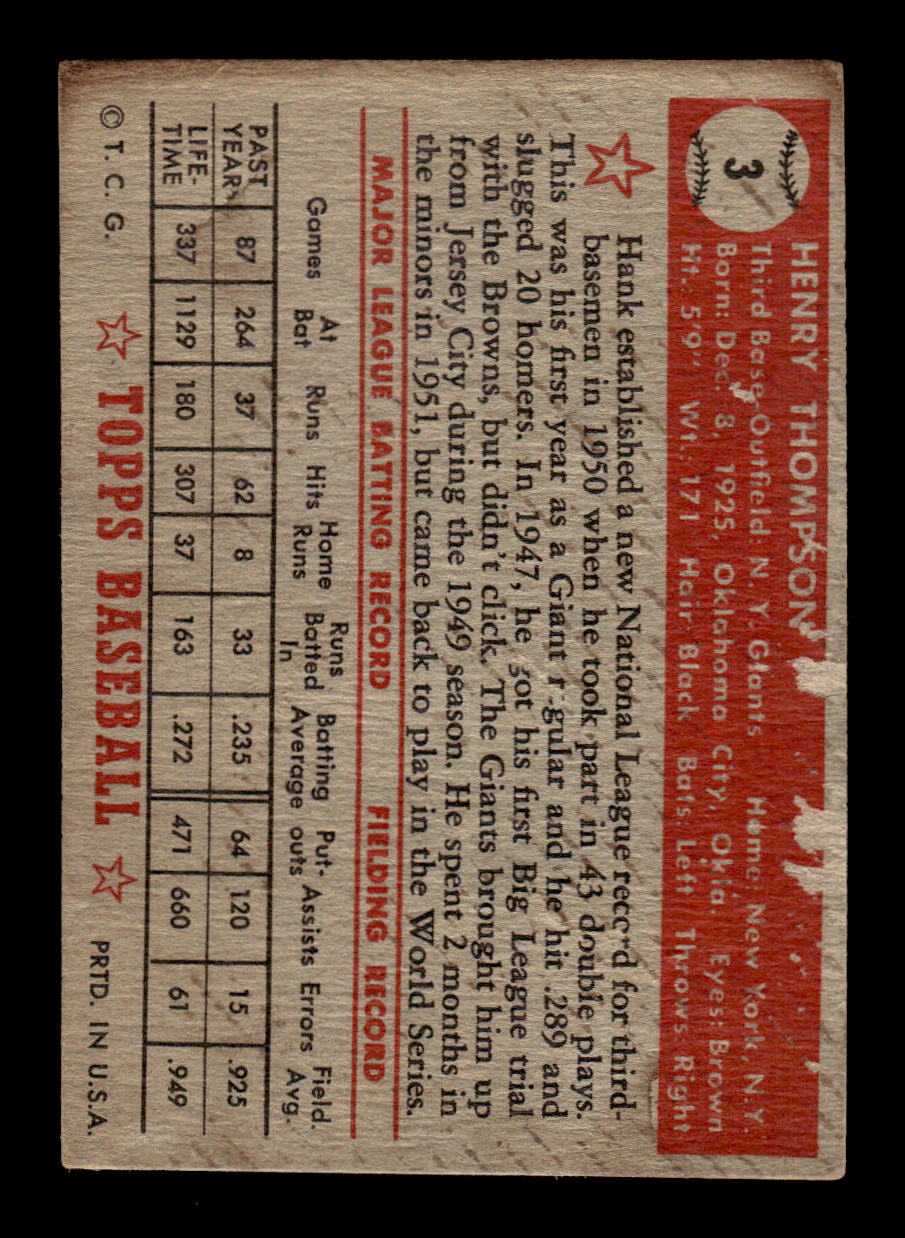 1952 Topps #3 Hank Thompson New York Giants LOW GRADE CS26014687