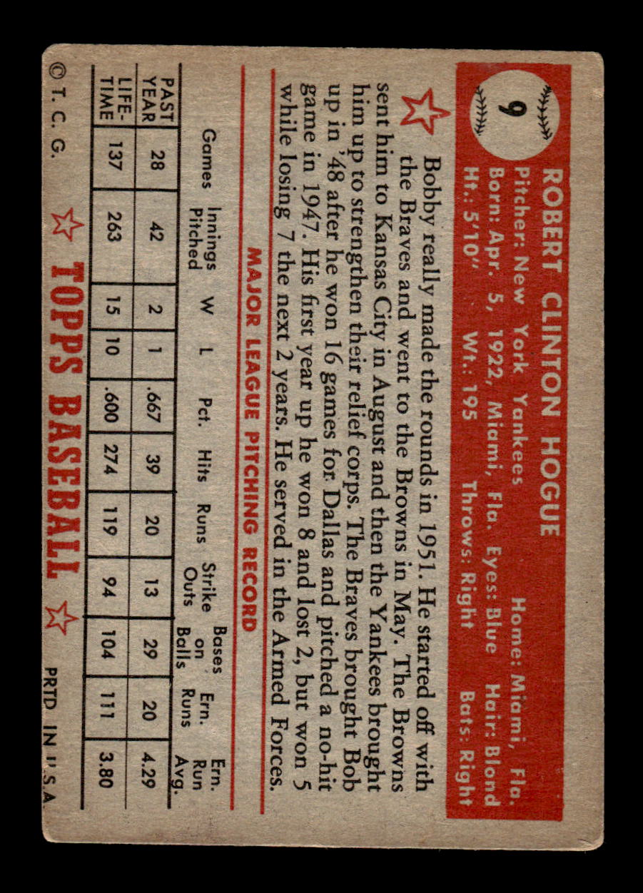 1952 Topps #9 Bobby Hogue New York Yankees LOW GRADE CS26014693