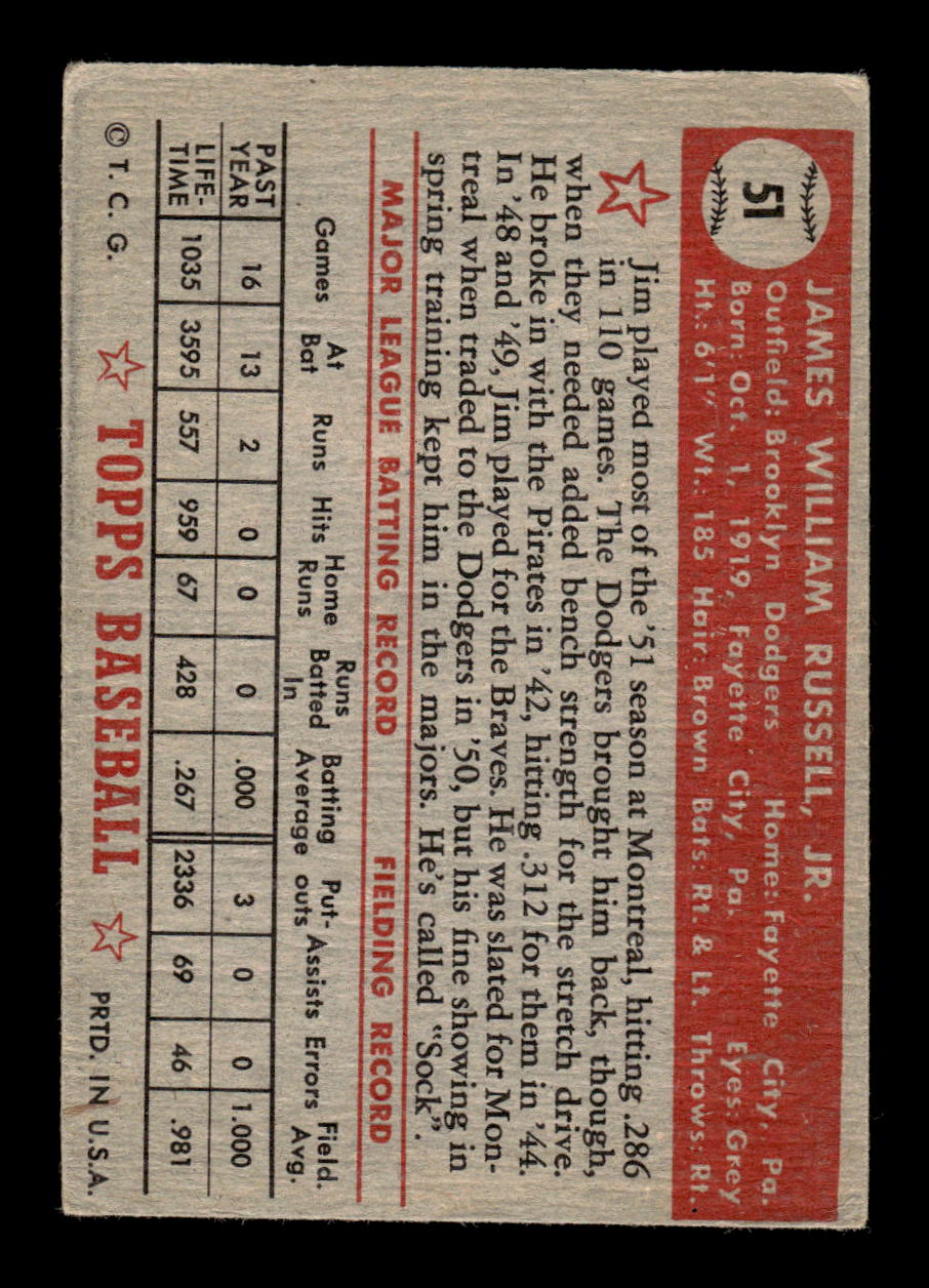 1952 Topps #51 Jim Russell Brooklyn Dodgers LOW GRADE CS26014728