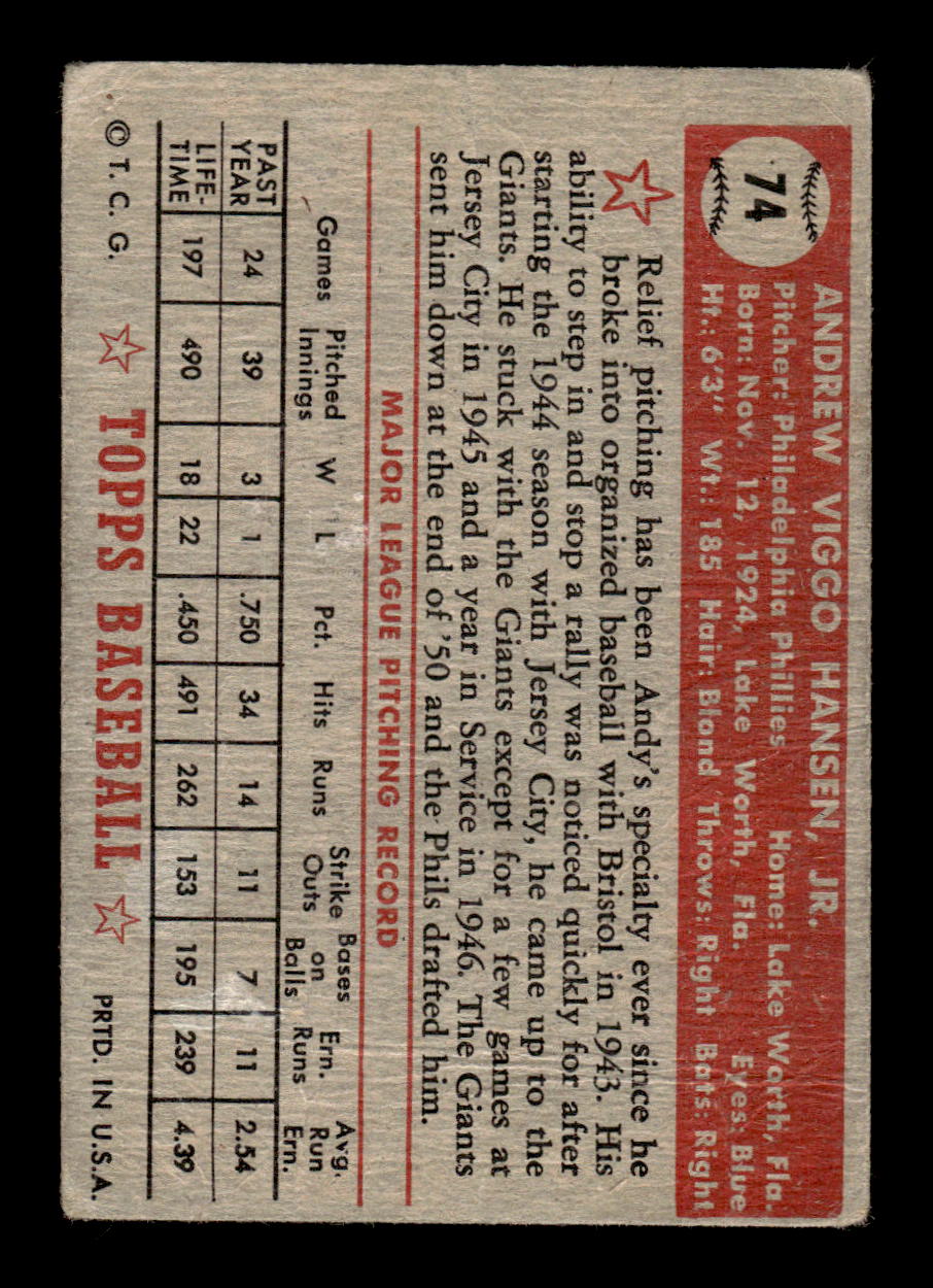 1952 Topps #74 Andy Hansen Philadelphia Phillies LOW GRADE CS26014749