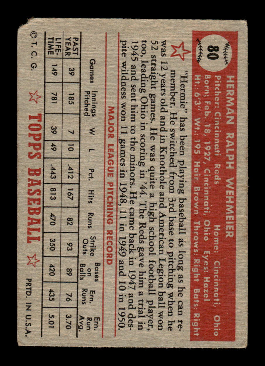 1952 Topps #80 Herman Wehmeier Cincinnati Reds LOW GRADE CS26014755