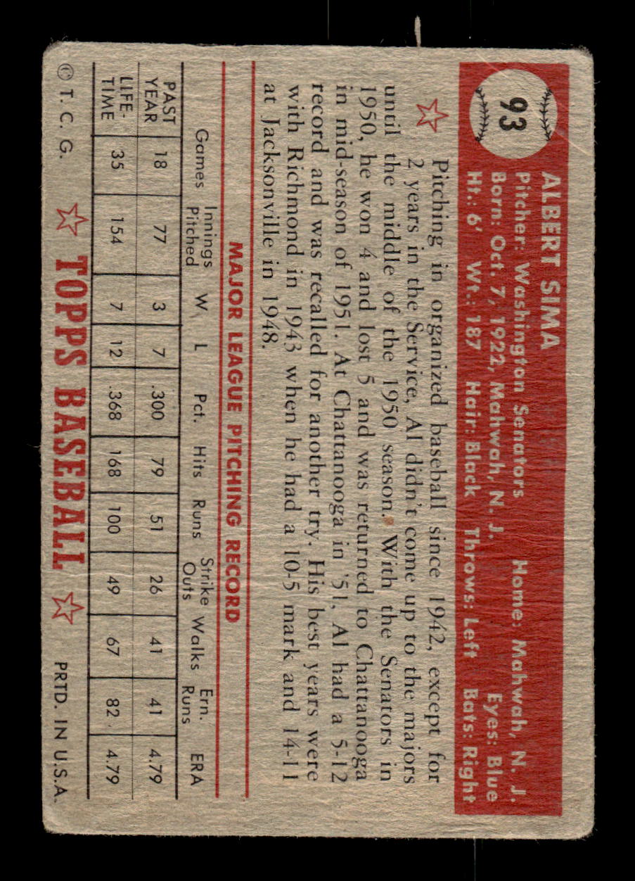 1952 Topps #93 Al Sima Washington Senators LOW GRADE CS26014765