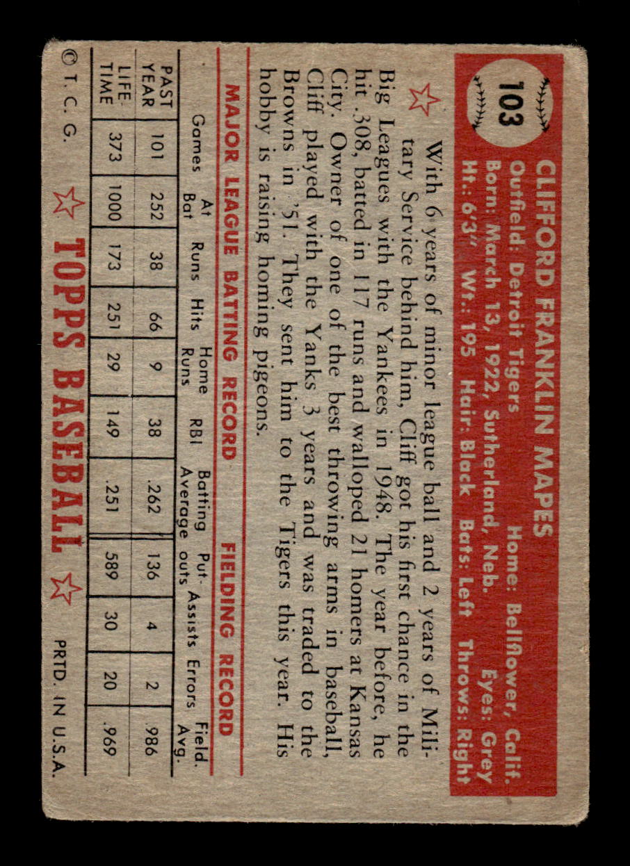 1952 Topps #103 Cliff Mapes Detroit Tigers LOW GRADE CS26014775