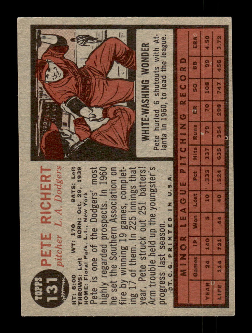 1962 Topps #131a Pete Richert Los Angeles Dodgers EX CS26014786