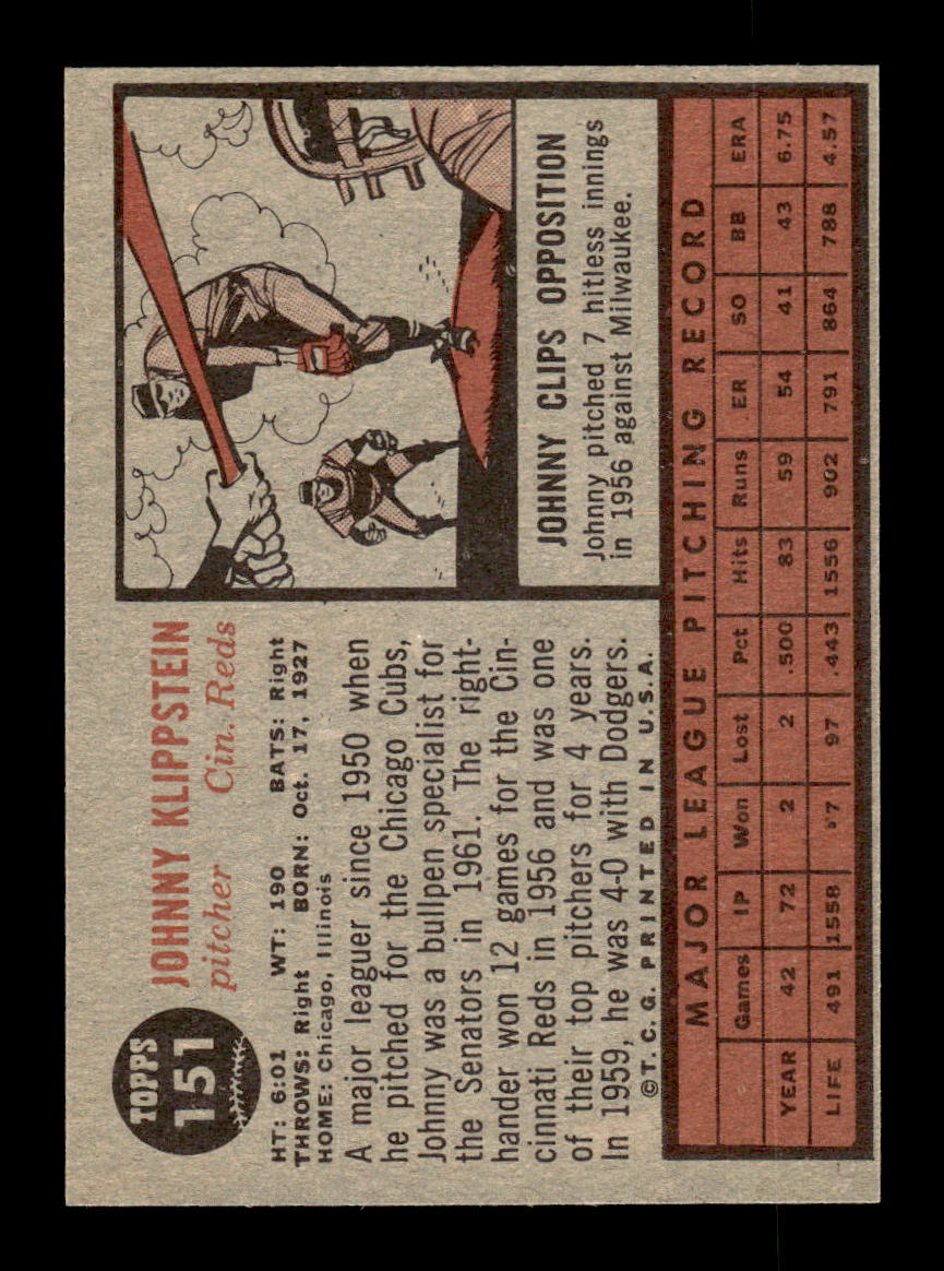 1962 Topps #151a Johnny Klippstein Cincinnati Reds EX CS26014794
