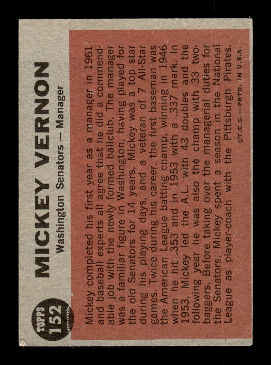 1962 Topps #152a Mickey Vernon Washington Senators EX CS26014795