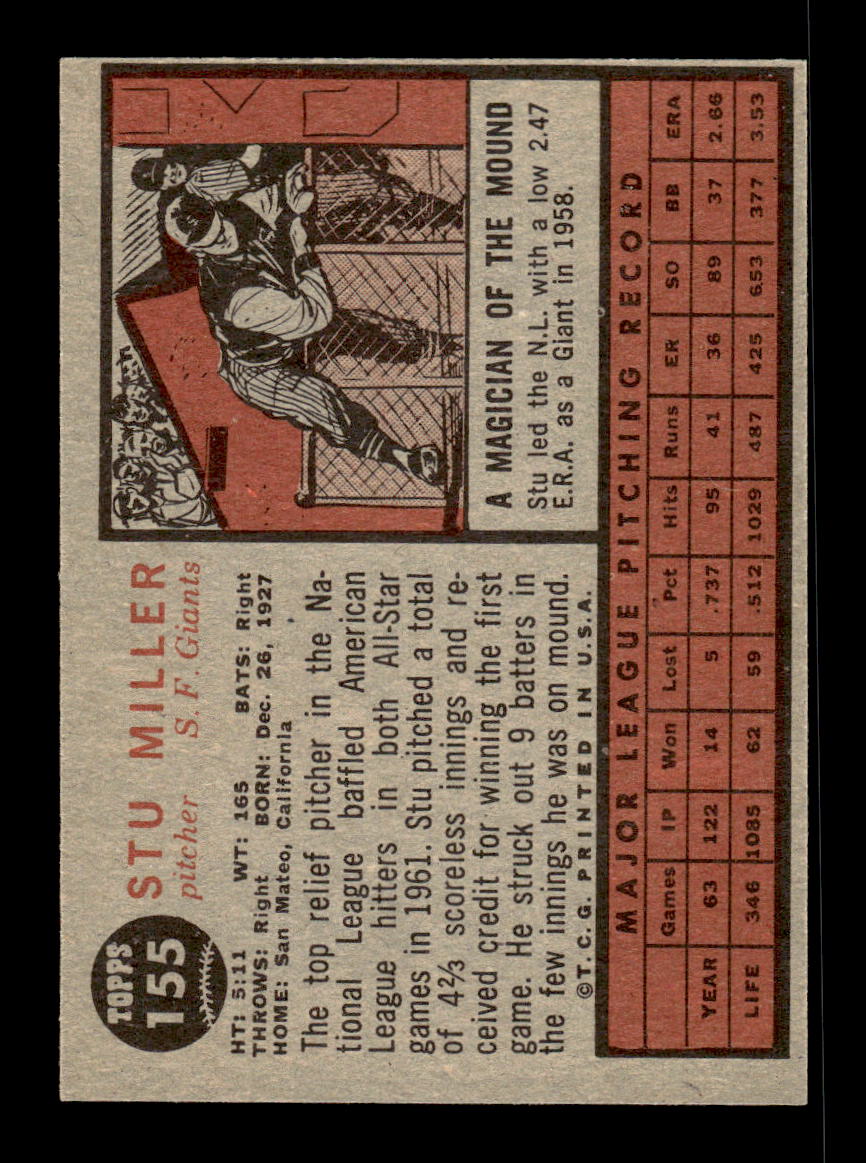 1962 Topps #155a Stu Miller San Francisco Giants EX CS26014798