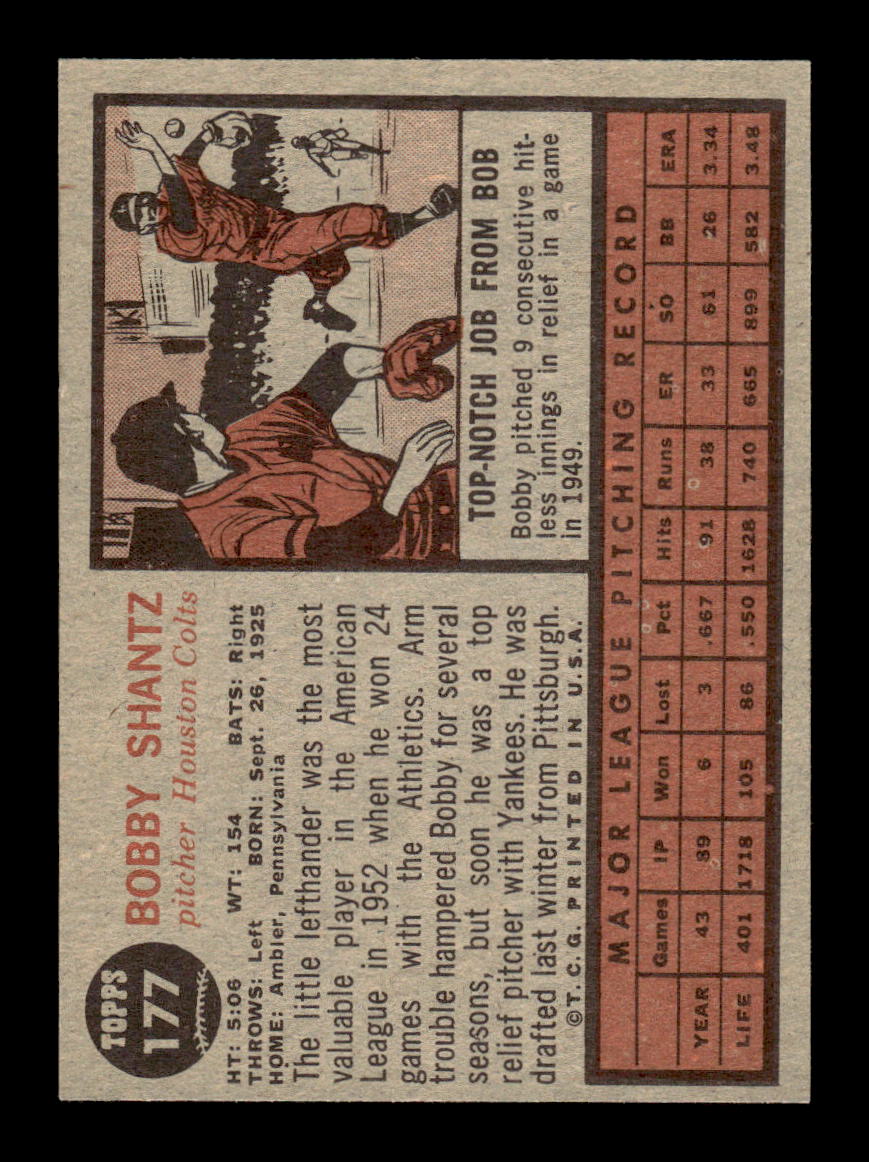1962 Topps #177b Bobby Shantz Houston Colt .45s EX CS26014816