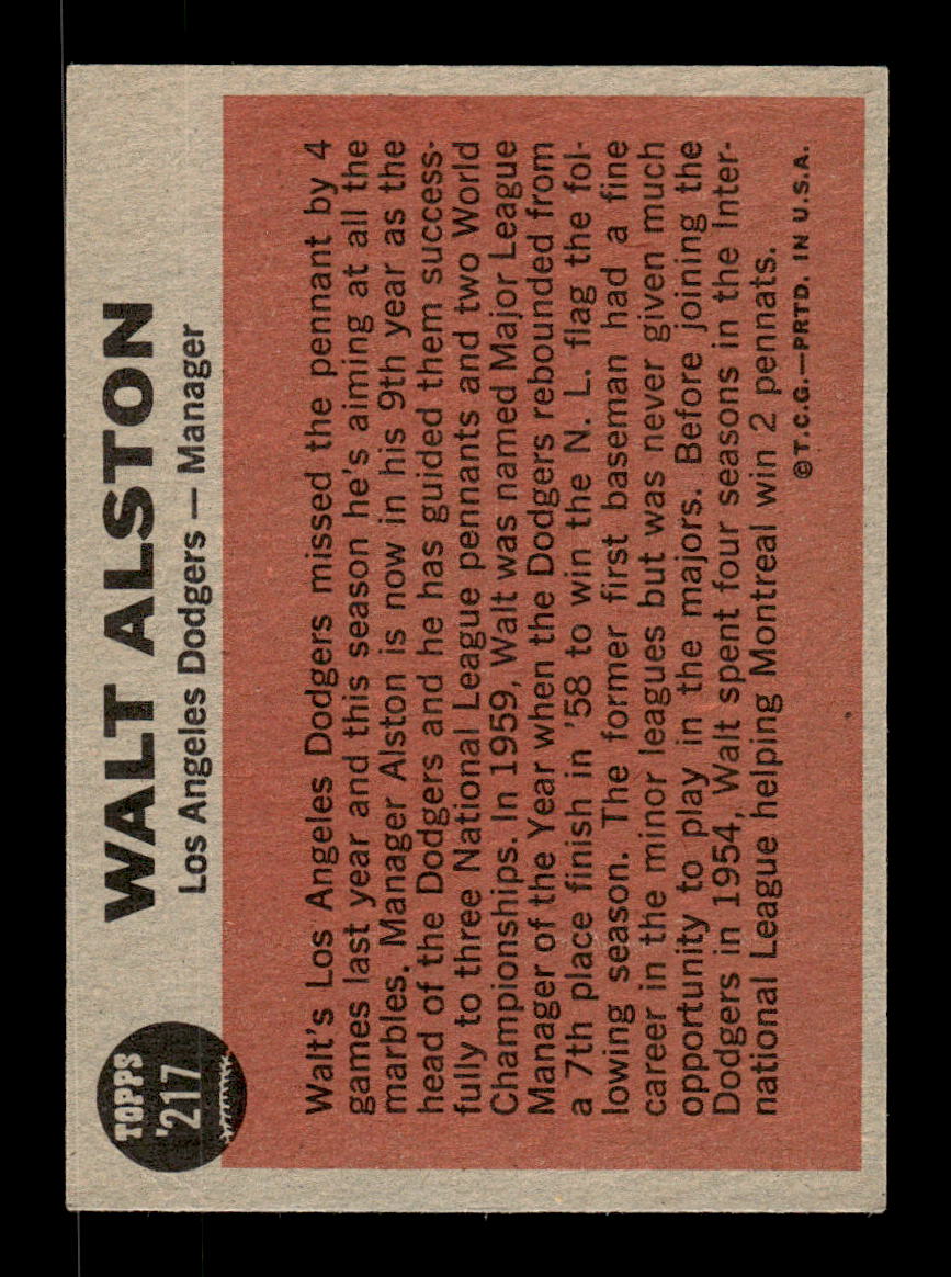 1962 Topps #217 Walt Alston Los Angeles Dodgers EX CS26014852