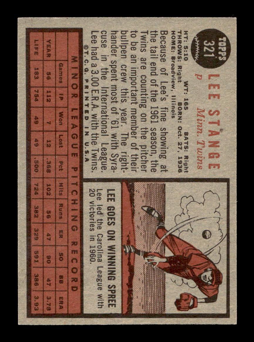 1962 Topps #321 Lee Stange Minnesota Twins EX CS26014940