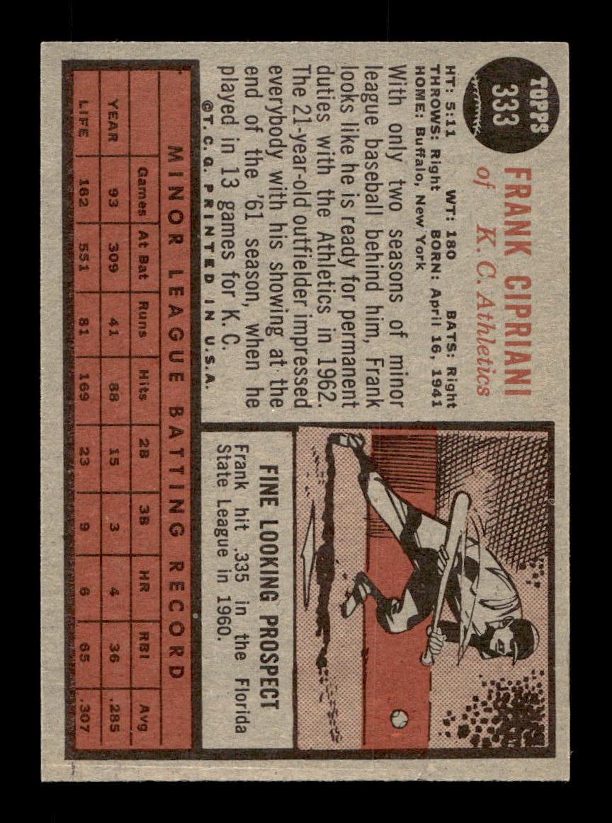 1962 Topps #333 Frank Cipriani Kansas City Athletics EX CS26014951
