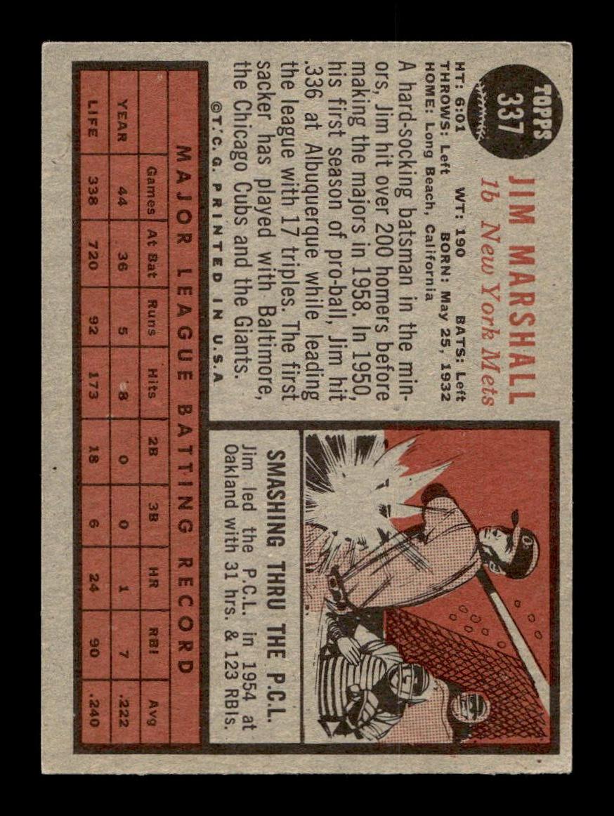 1962 Topps #337 Jim Marshall New York Mets EX CS26014954