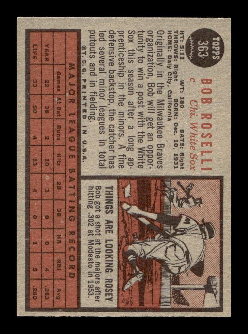 1962 Topps #363 Bob Roselli Chicago White Sox EX CS26014974