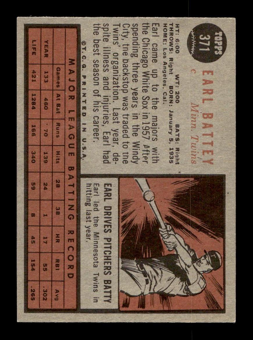 1962 Topps #371 Earl Battey Minnesota Twins EX CS26014982