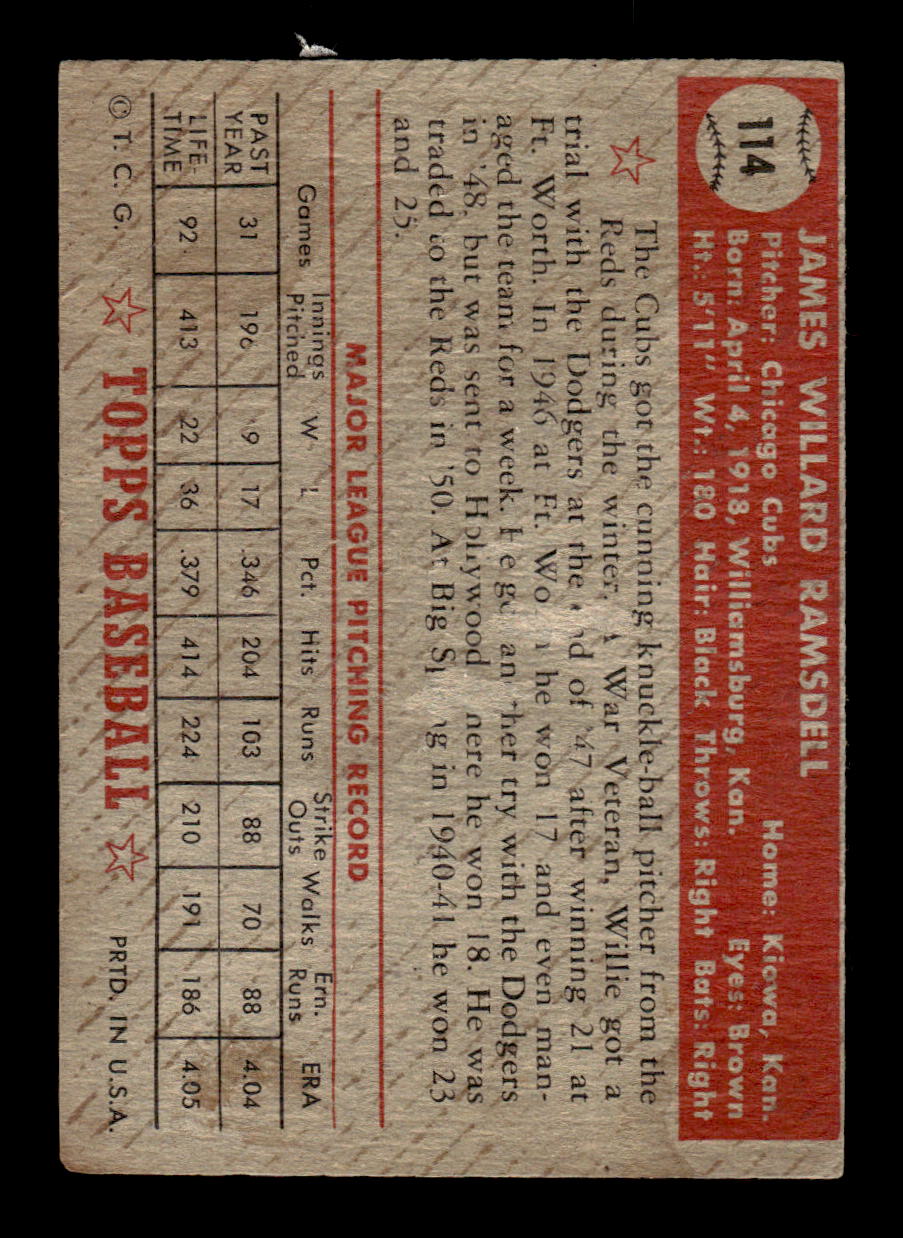 1952 Topps #114 Willard Ramsdell Chicago Cubs Poor CS26015035