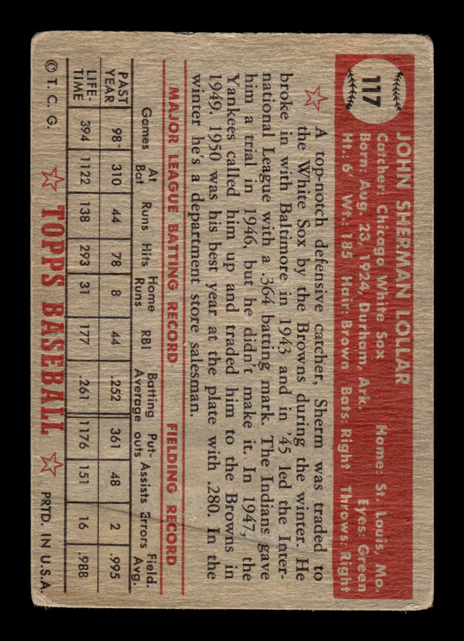 1952 Topps #117 Sherm Lollar Chicago White Sox LOW GRADE CS26015089