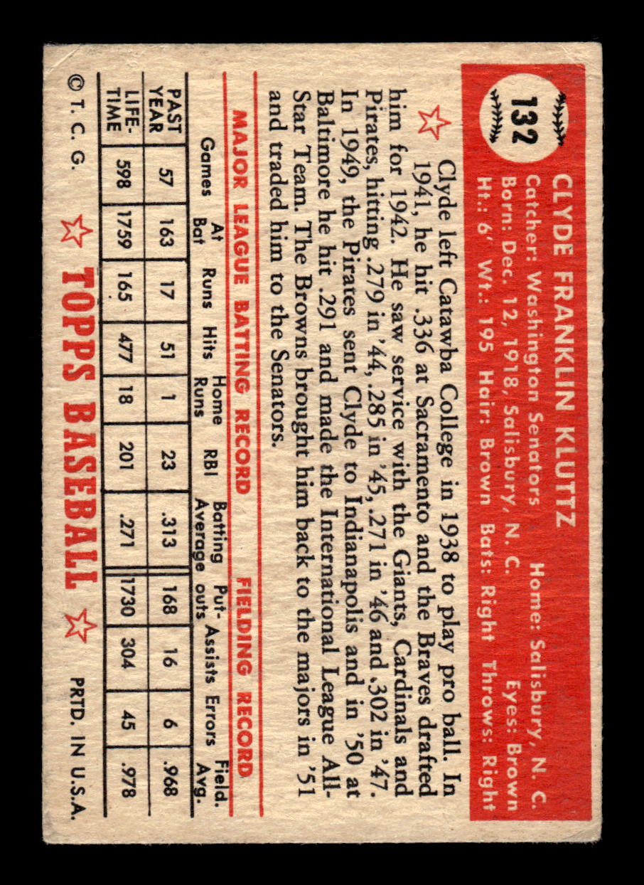 1952 Topps #132 Clyde Kluttz Washington Senators LOW GRADE CS26015103