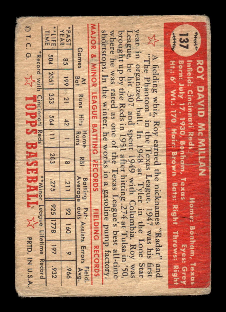 1952 Topps #137 Roy McMillan Cincinnati Reds LOW GRADE CS26015108