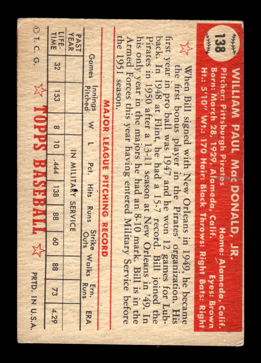 1952 Topps #138 Bill Macdonald Pittsburgh Pirates LOW GRADE CS26015109