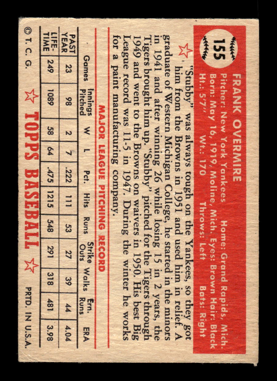 1952 Topps #155 Frank Overmire New York Yankees VG CS26015126