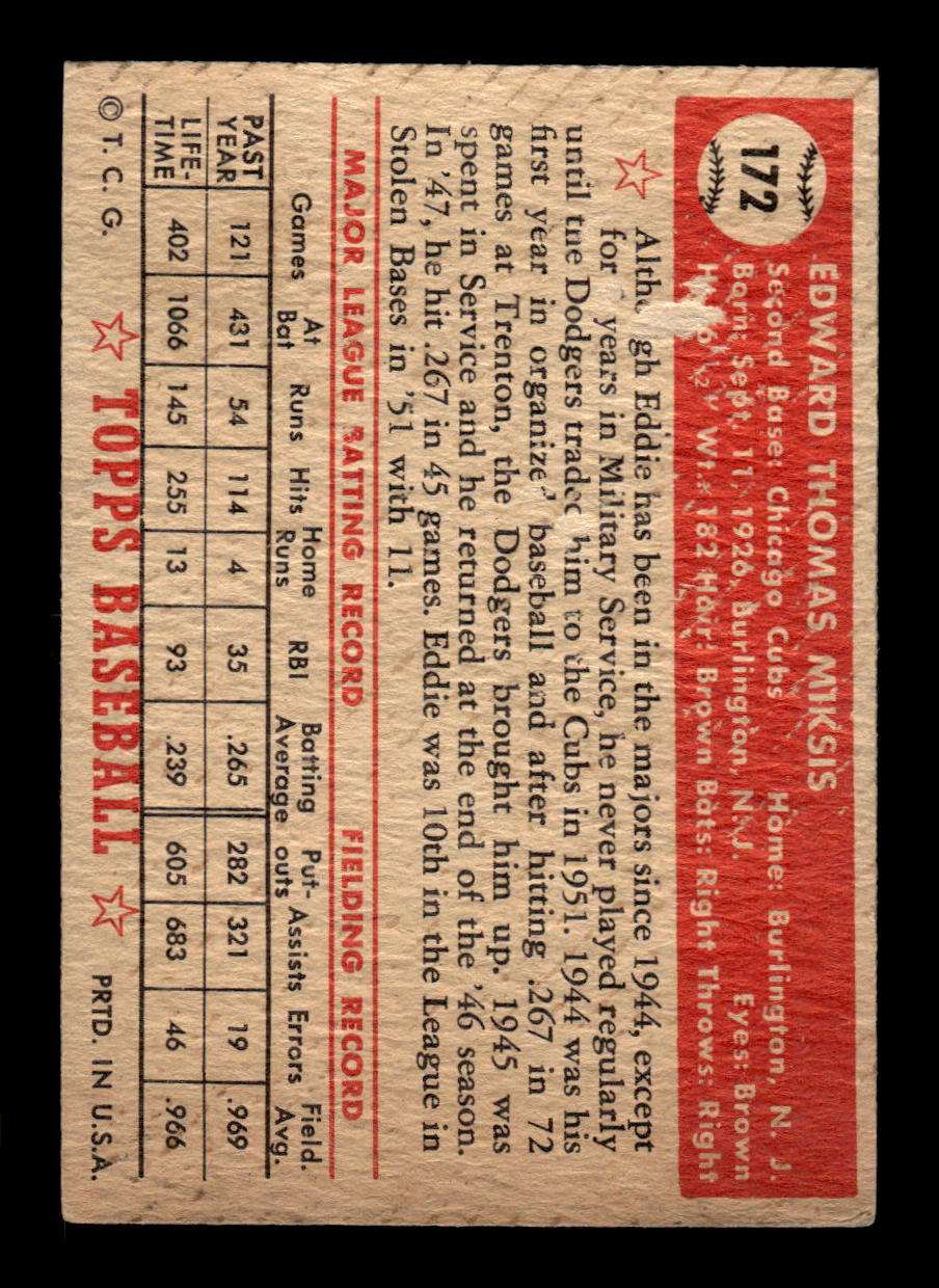 1952 Topps #172 Eddie Miksis Chicago Cubs LOW GRADE CS26015142