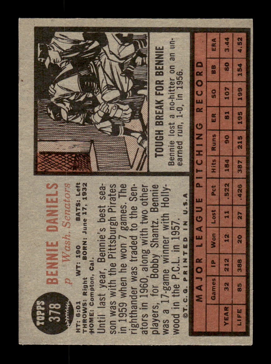 1962 Topps #378 Bennie Daniels Washington Senators EX CS26015151
