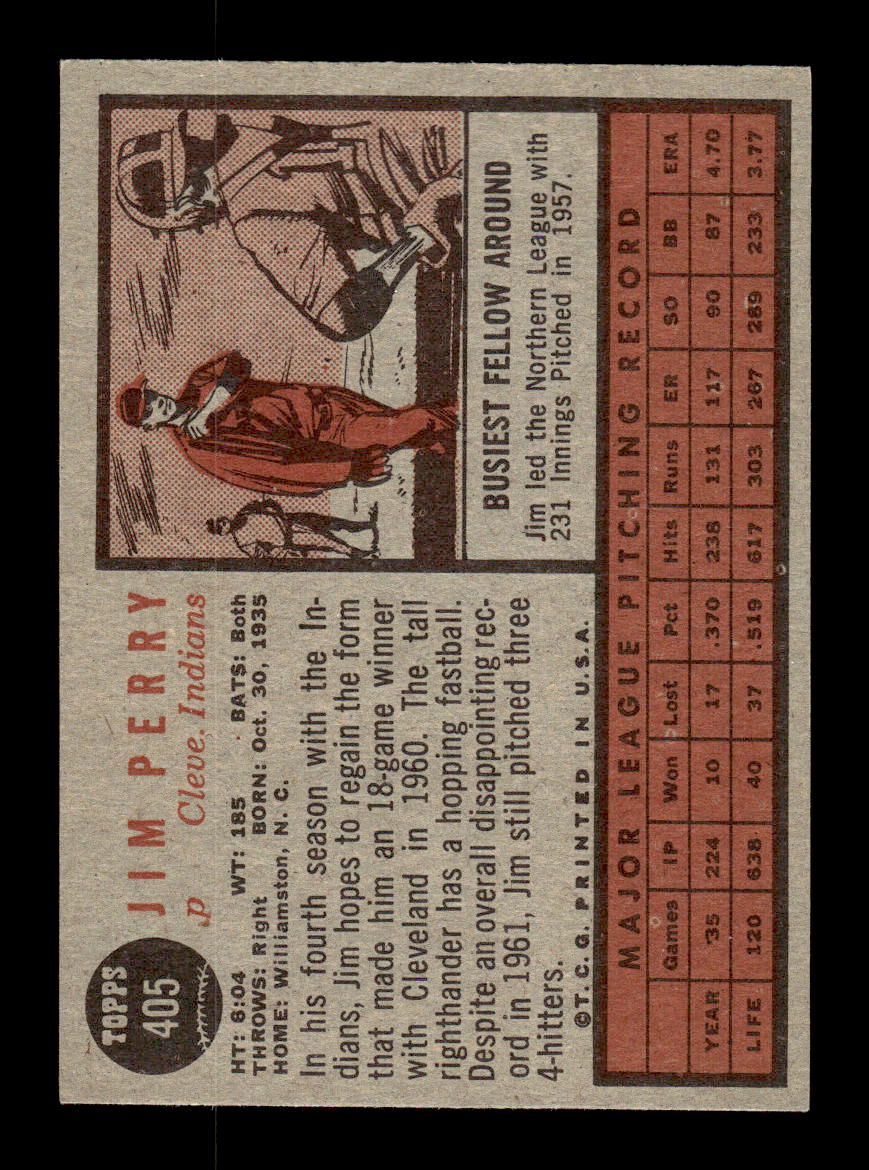 1962 Topps #405 Jim Perry Cleveland Indians EX CS26015169