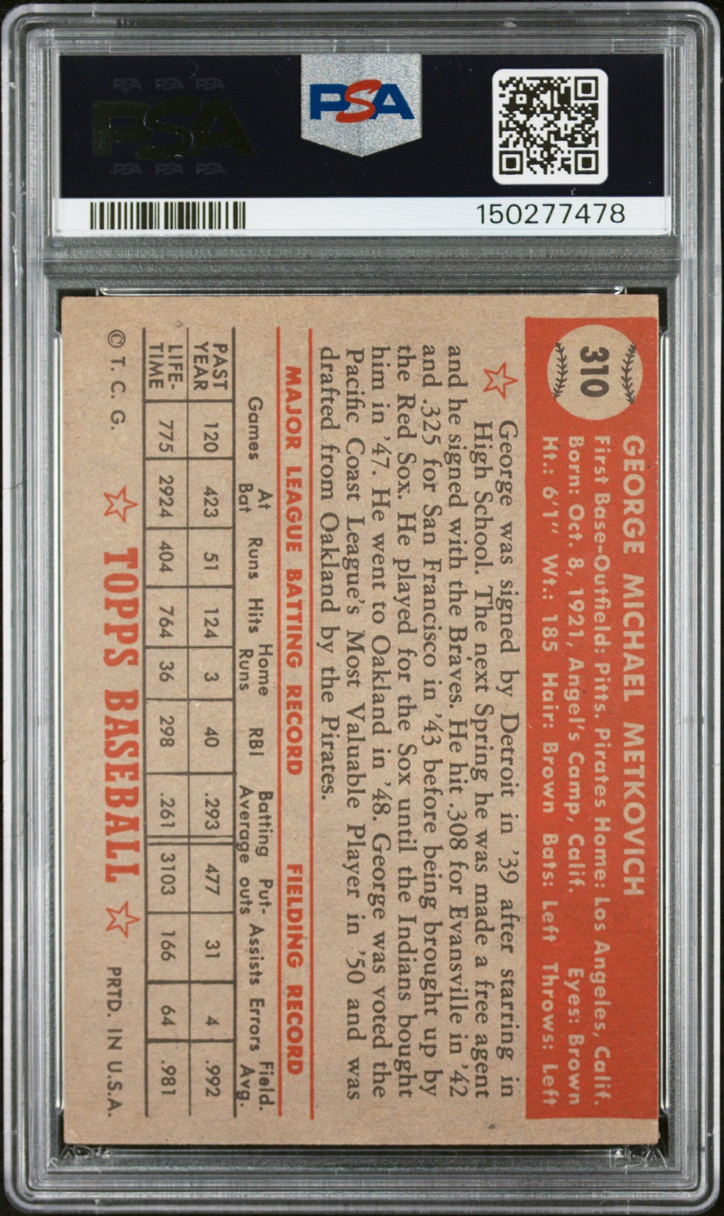 1952 Topps #310 George Metkovich PSA 3 SN 150277478