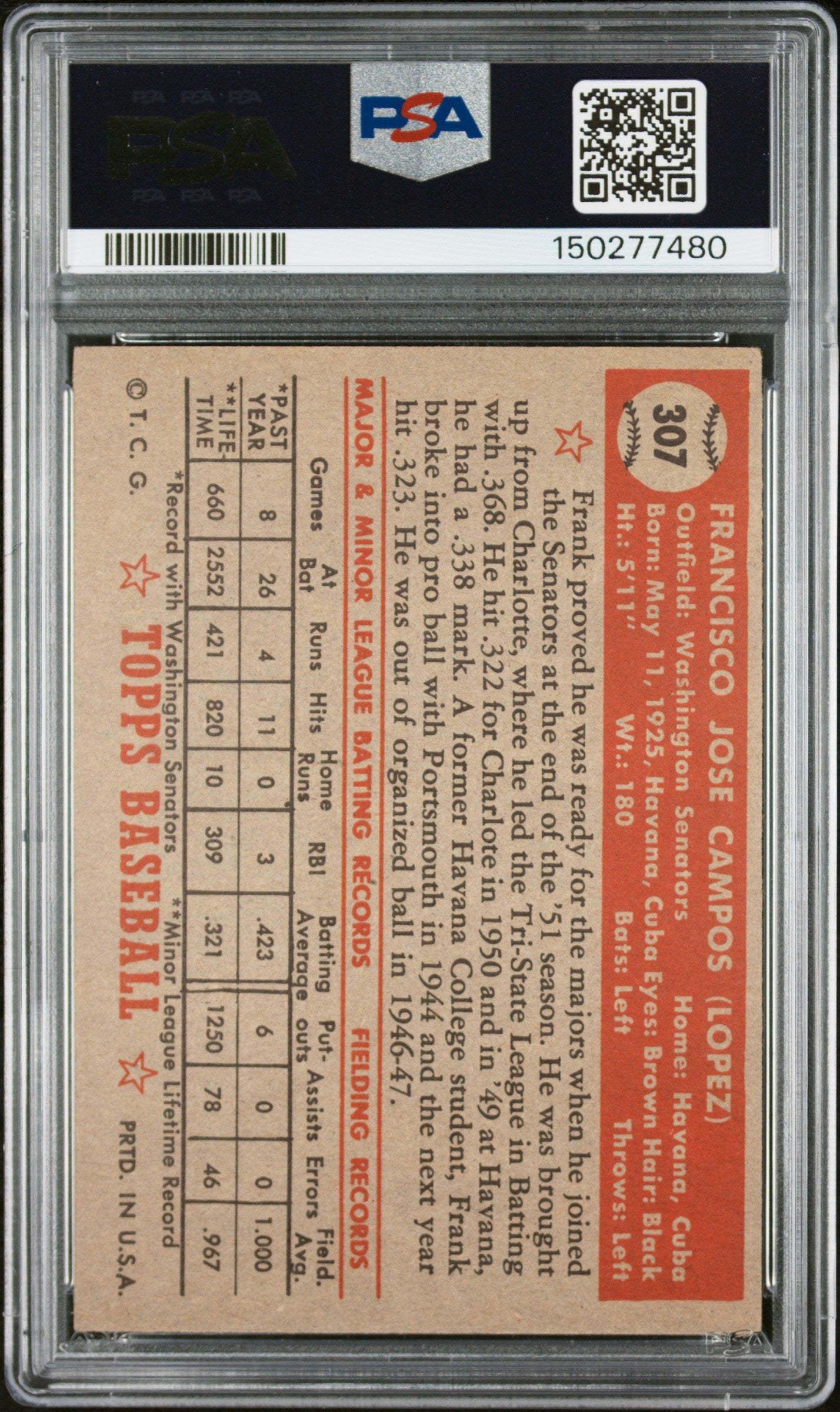 1952 Topps #307 Frank Campos PSA 4 SN 150277480