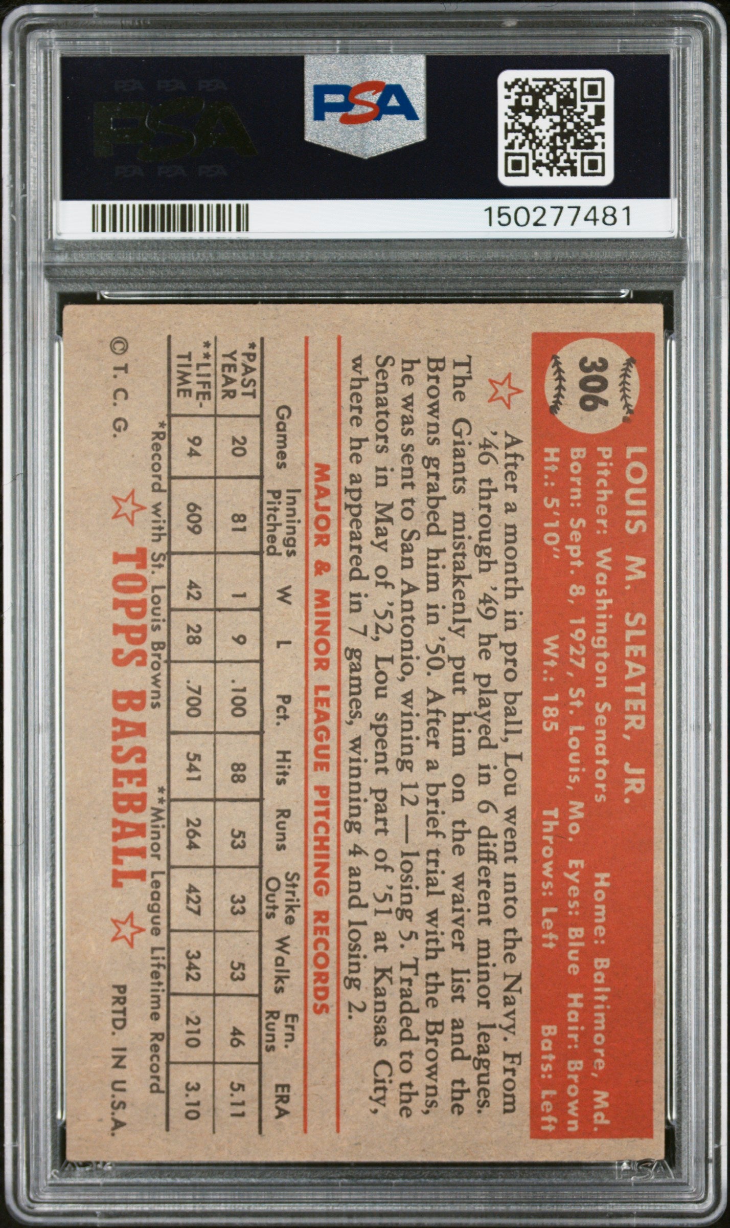 1952 Topps #306 Lou Sleater PSA 4 SN 150277481