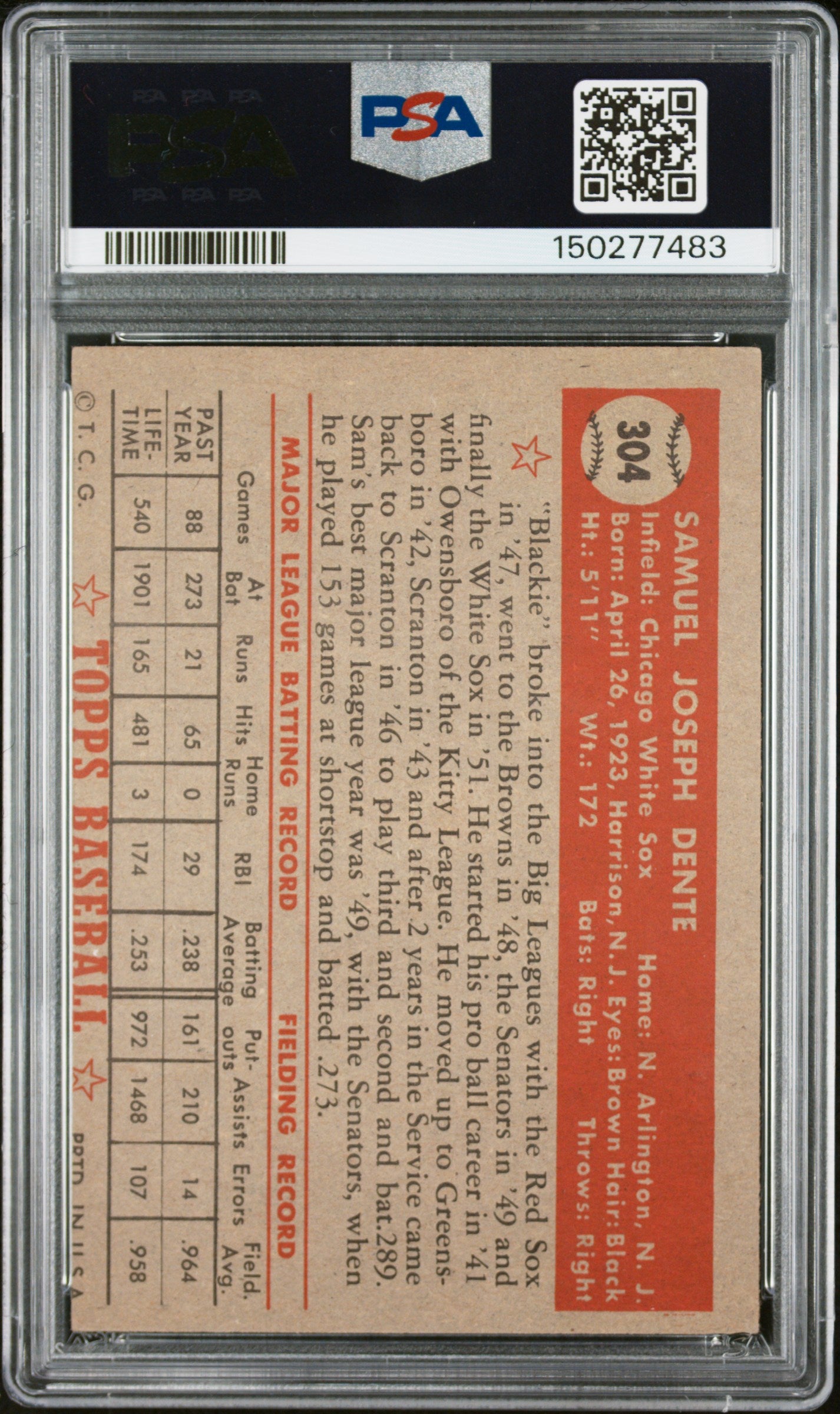 1952 Topps #304 Sam Dente PSA 4 SN 150277483
