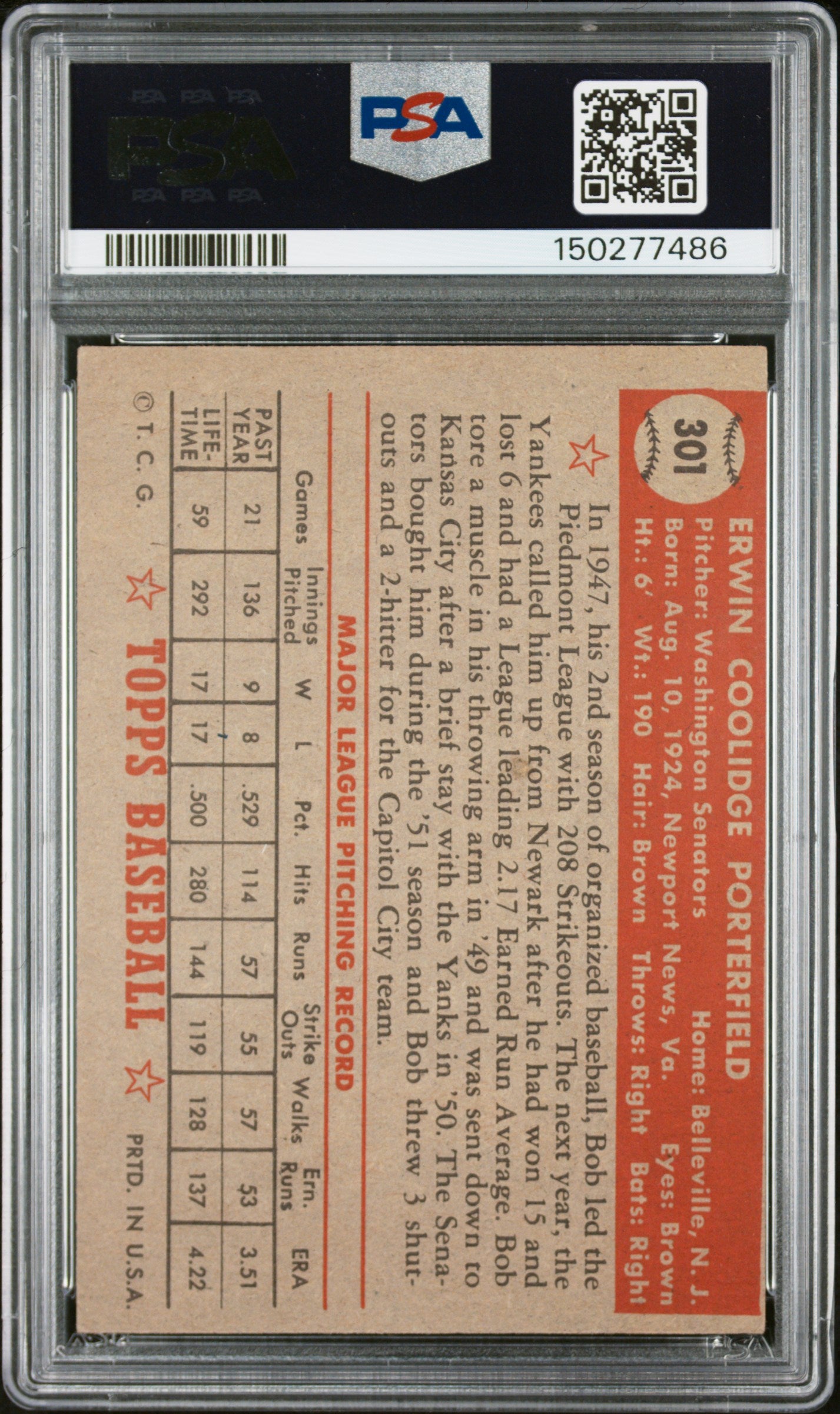 1952 Topps #301 Bob Porterfield PSA 4 SN 150277486
