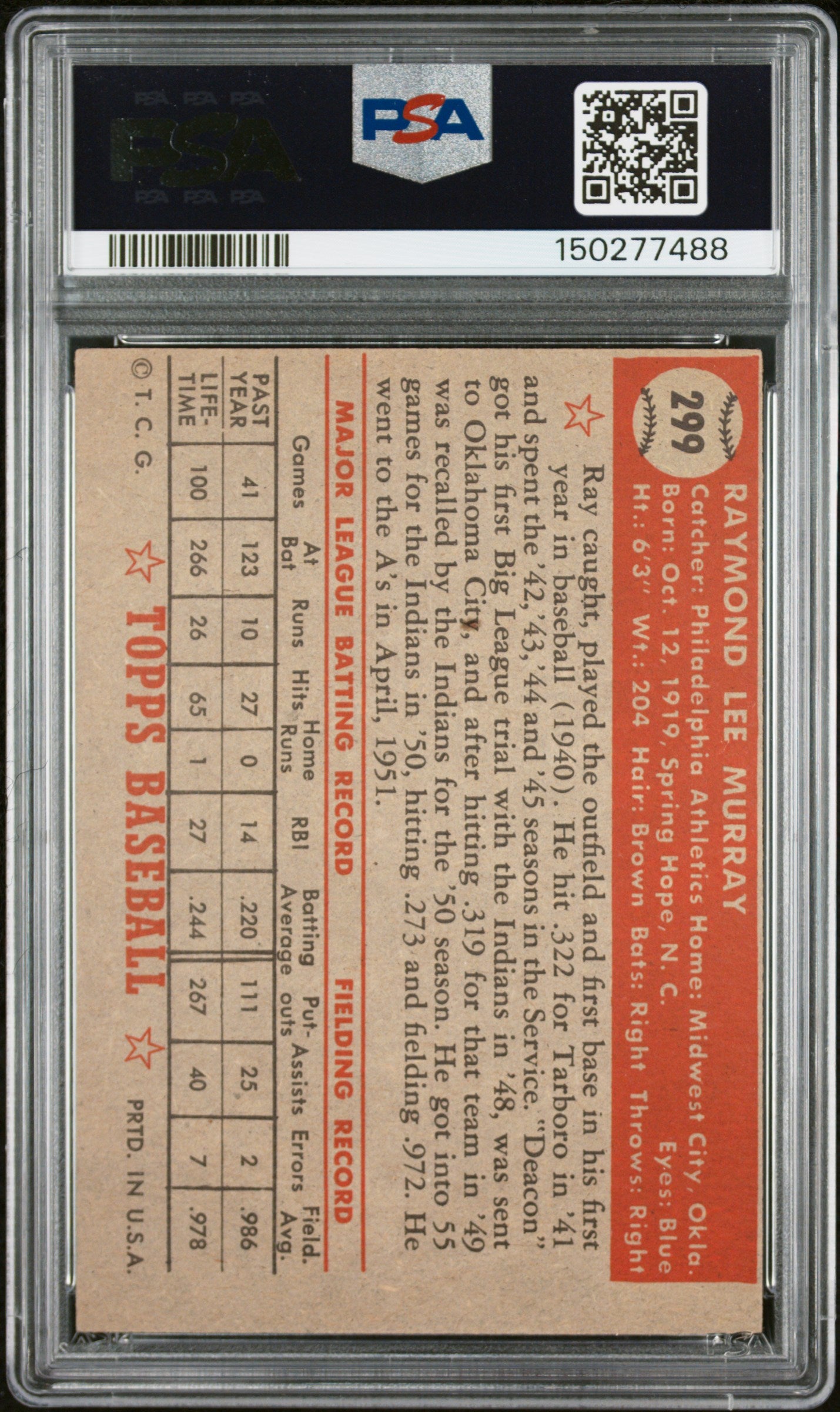 1952 Topps #299 Ray Murray PSA 3 SN 150277488