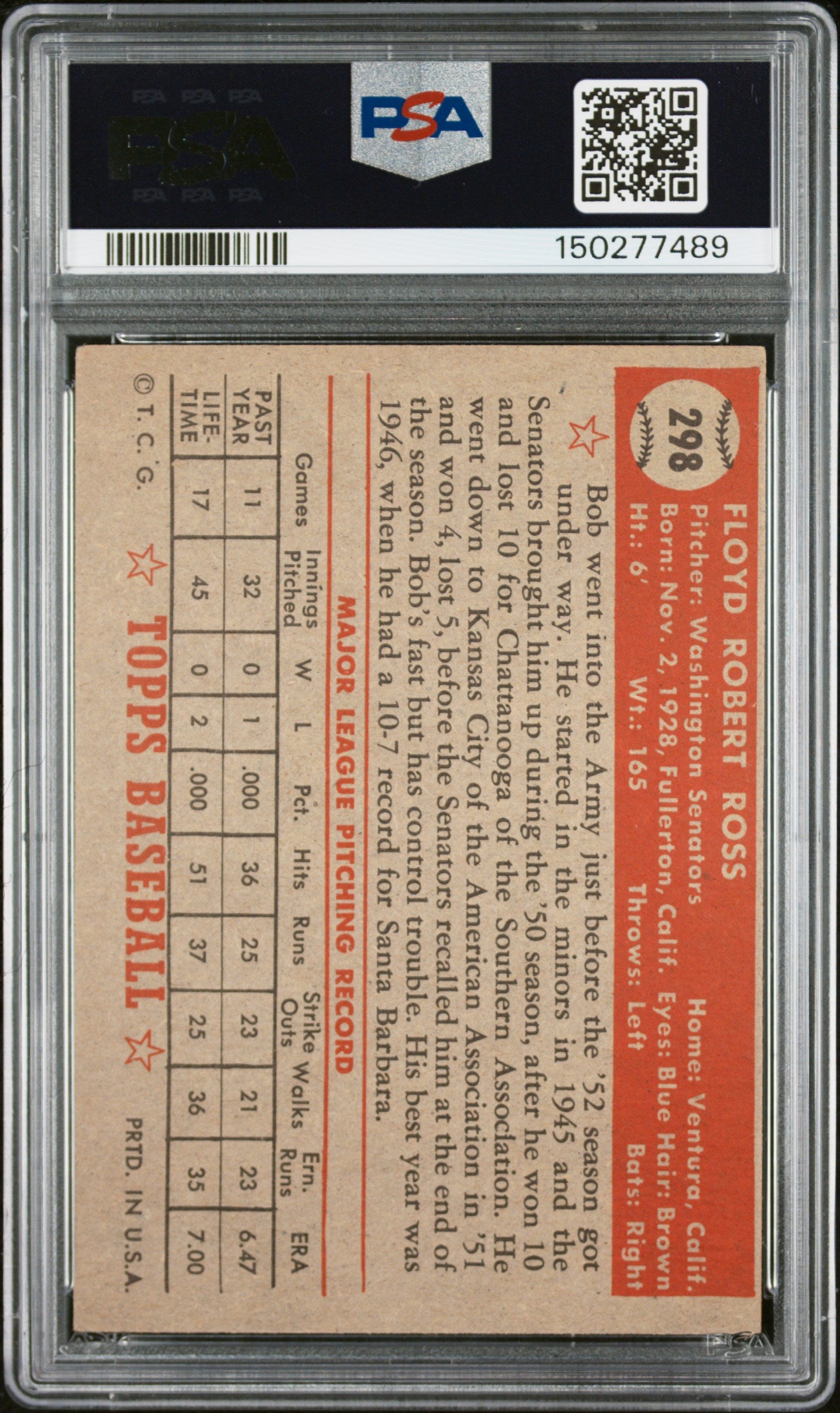 1952 Topps #298 Bob Ross PSA 3 SN 150277489