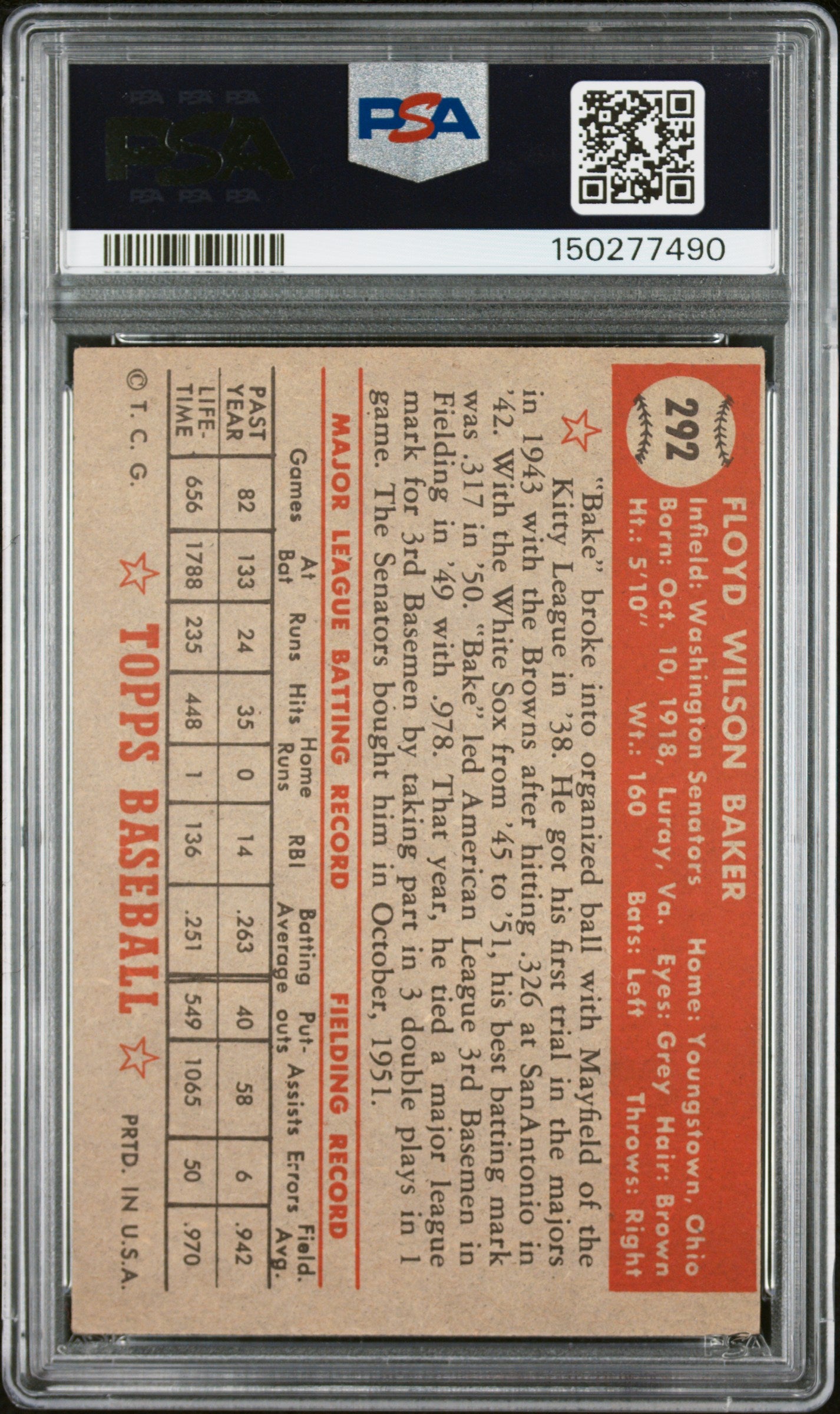 1952 Topps #292 Floyd Baker PSA 3 SN 150277490