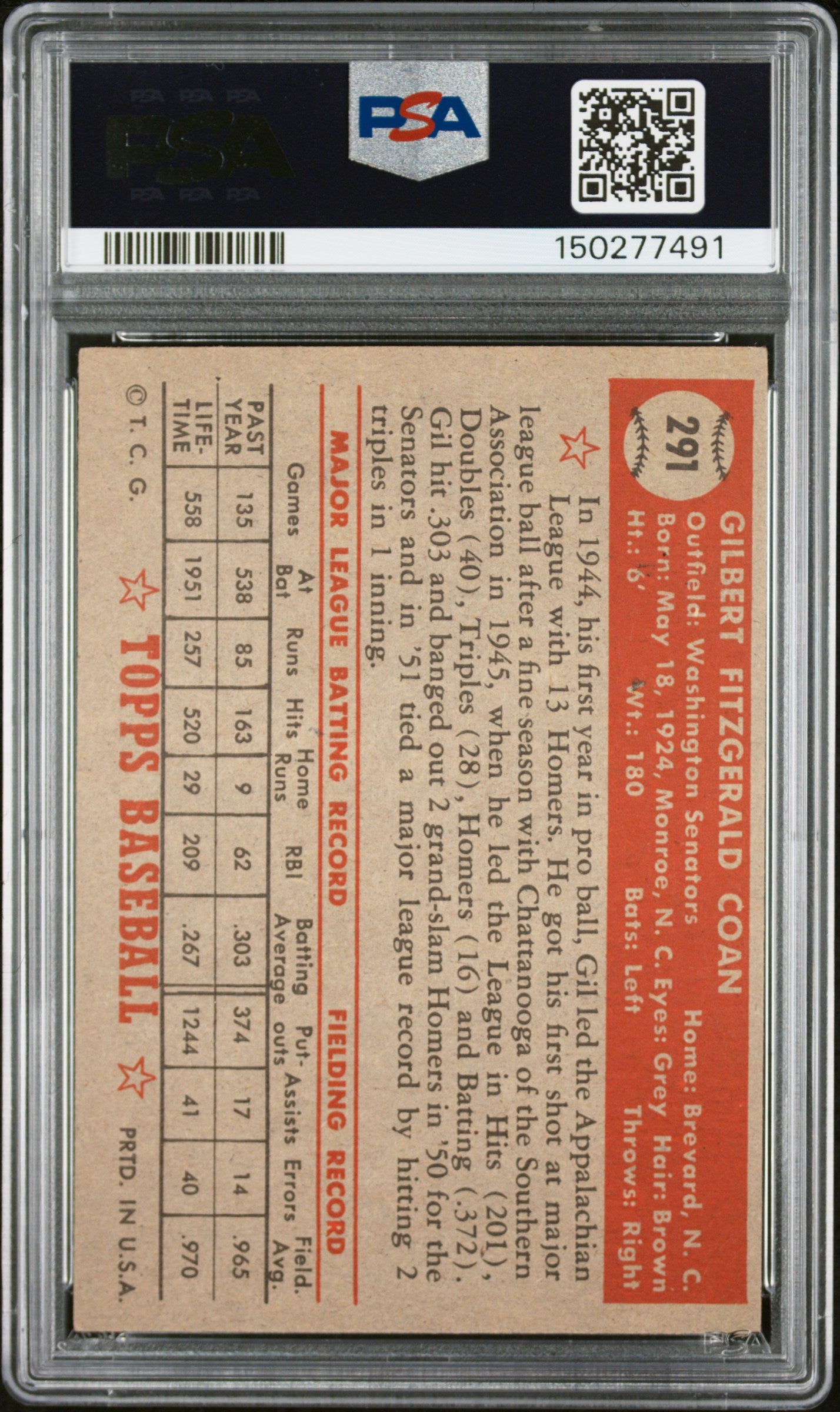 1952 Topps #291 Gil Coan PSA 3 SN 150277491