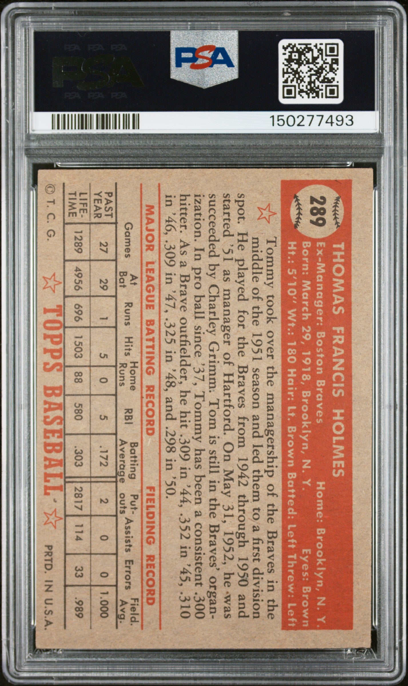 1952 Topps #289 Tommy Holmes PSA 4 SN 150277493