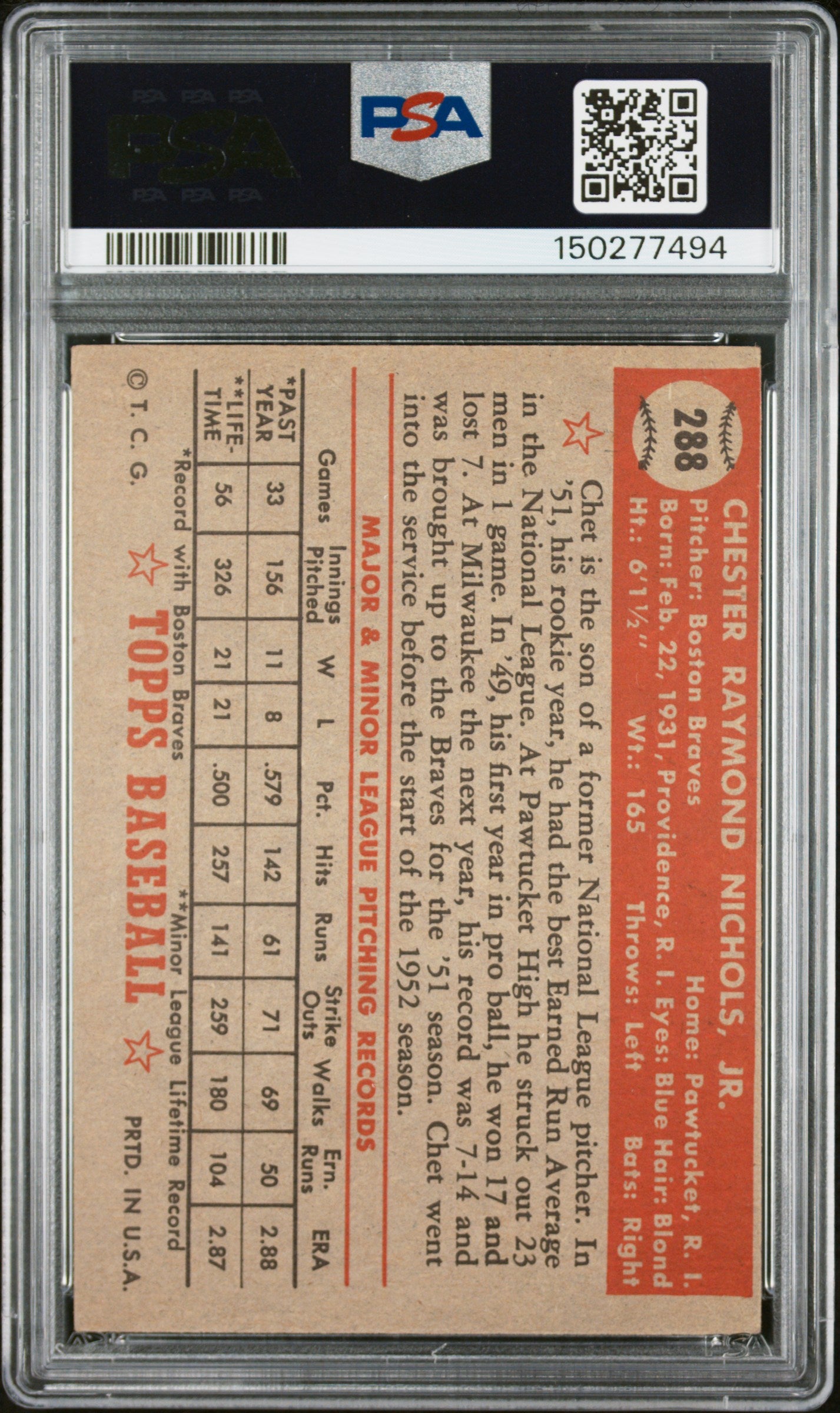 1952 Topps #288 Chet Nichols PSA 3 SN 150277494